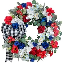 idyllic 22 Inch Patriotic Wreath 4th of July Wreaths for Front Door Red White and Blue Wreath Artificial Roses Hydrangea and Plaid Bow for Memorial Independence Day Spring Indoor Outdoor Decorations