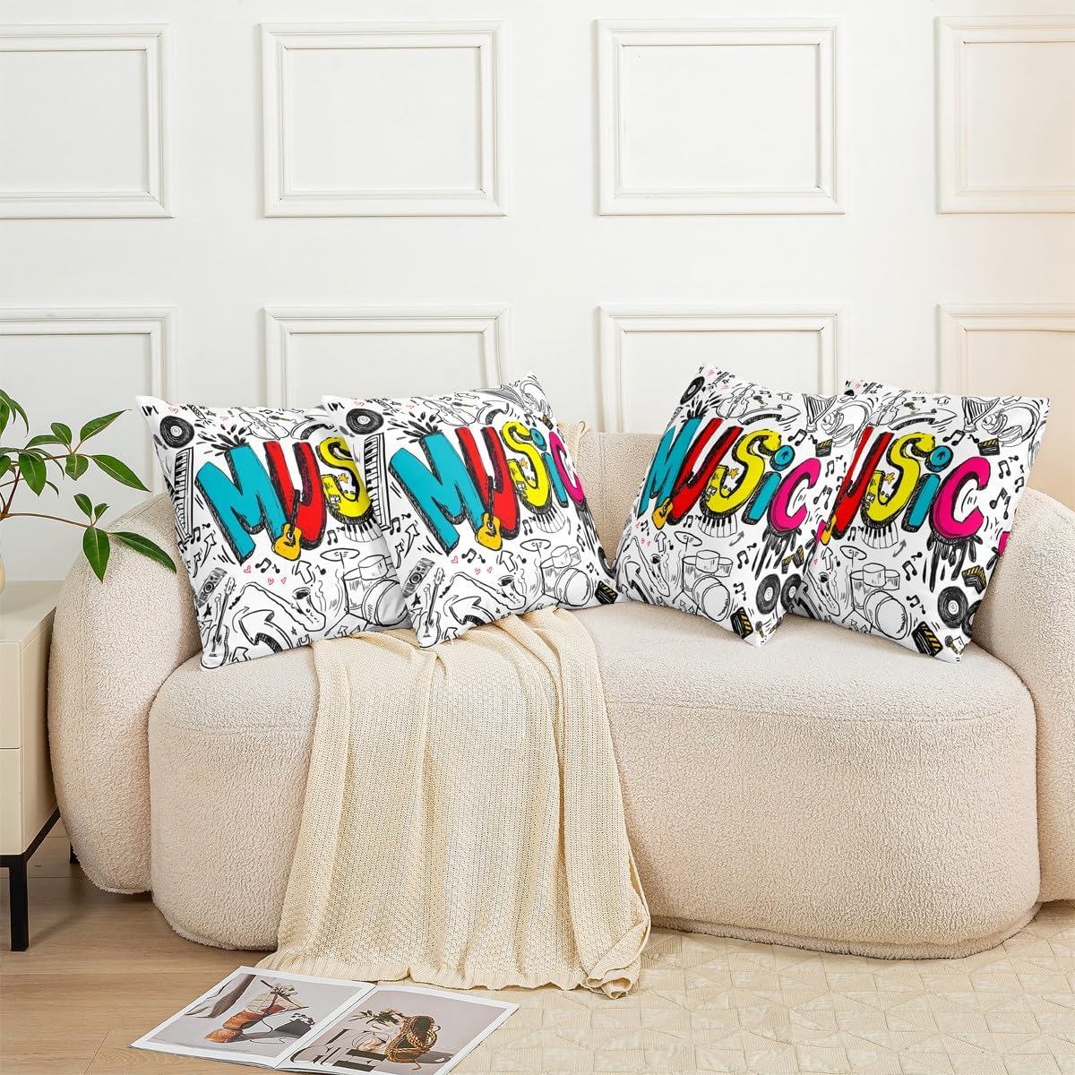 Manfei Music Throw Pillow Covers Set of 2 Hip Hop Graffiti Cushion Covers for Couch Sofa Guitar Drum Set Sketch Decorative Pillowcases White Red Blue Soft Outdoor Pillows Covers,24"x24" image 5