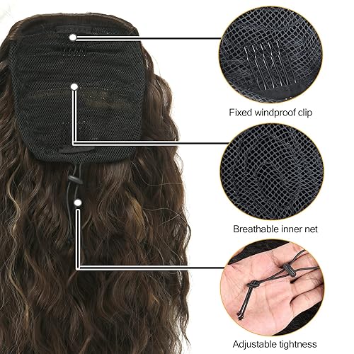 Miniatura 5 de Aisaide Extensión de cola de caballo ondulada con cordón para mujeres negras, sintética, rizada, ondulada, color rubio degradado, extensión de cola