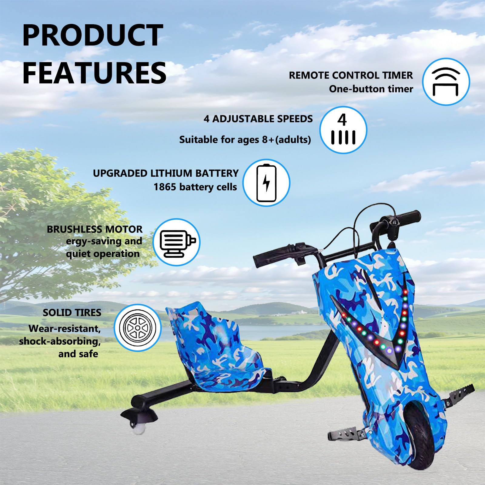 Triciclo A BateríA Drift Trike, Ruedas para NiñOs, Patinete De Deriva Infantil, con 5 Tipos De Longitudes Ajustables, Soporta hasta 100 Kg, VehíCulo EléCrico Desde 8 AñOs 8IN-H