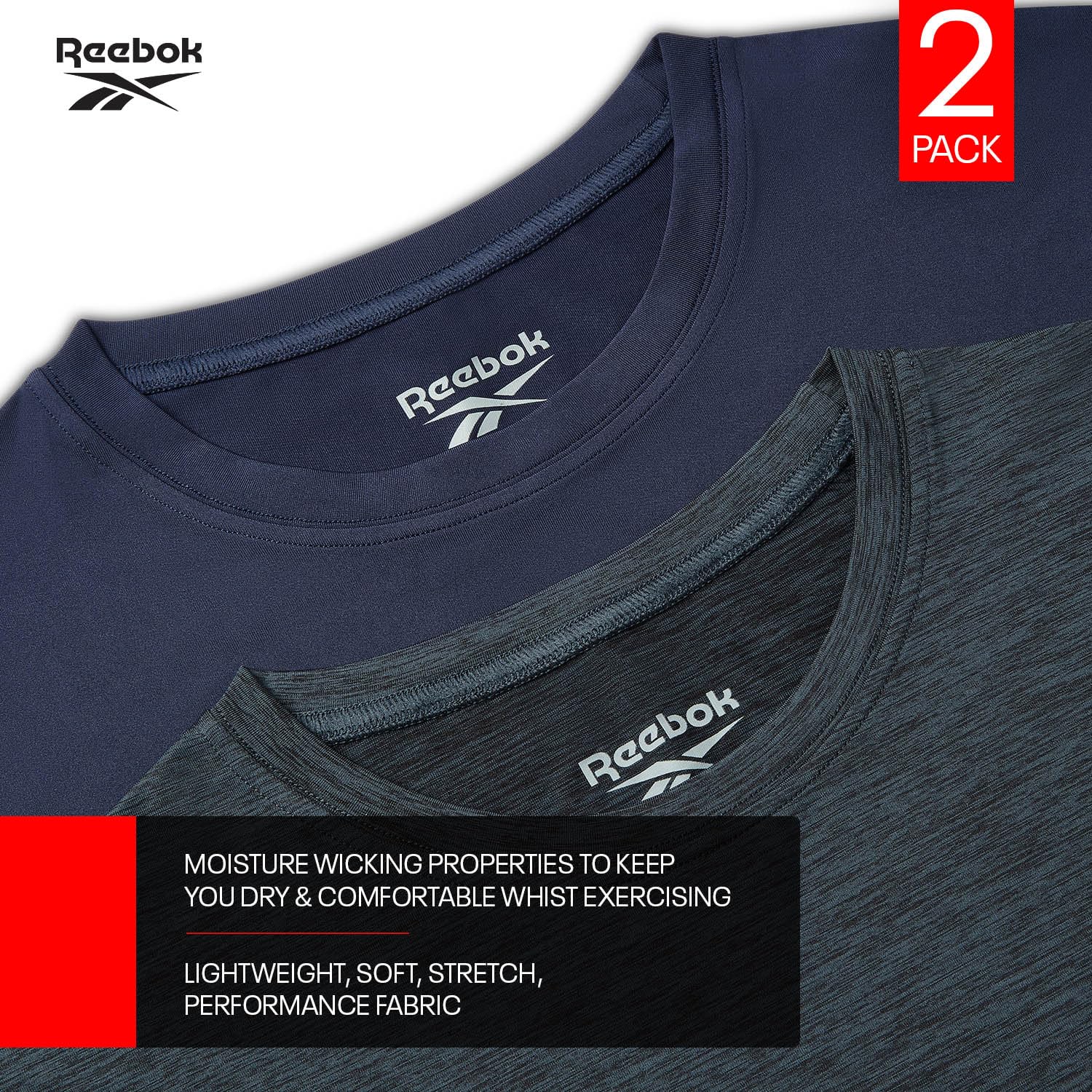 Reebok Clancy Performance męskie koszulki – zestaw 2 sztuk, dopasowane koszulki męskie, opakowanie zbiorcze, odprowadzające wilgoć i lekkie.