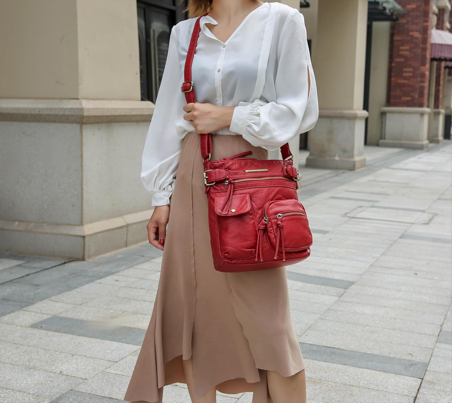 MKF Crossbody Bag for Women: PU Leather Tote Shoulder Bag, Soft Slouchy Handbag Purse, Lady Multi Pocket Pocketbook - Image 4