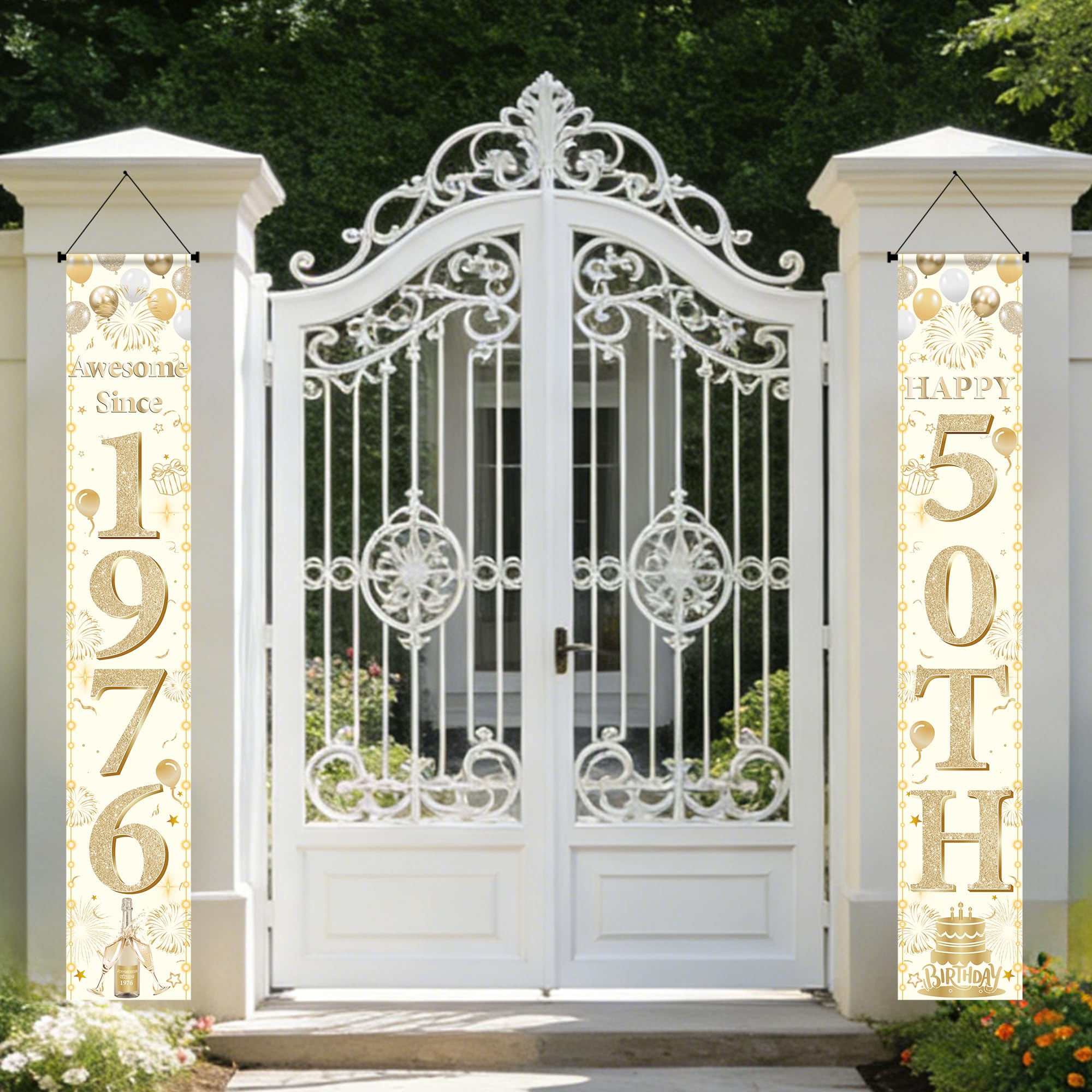50th Birthday Decorations Banner Her - White Gold Awesome Since 1976 Happy 50th Birthday Banners Door Porch Sign for Women 50 Years Old Party Indoor Outdoor Decoration Supplies Gifts