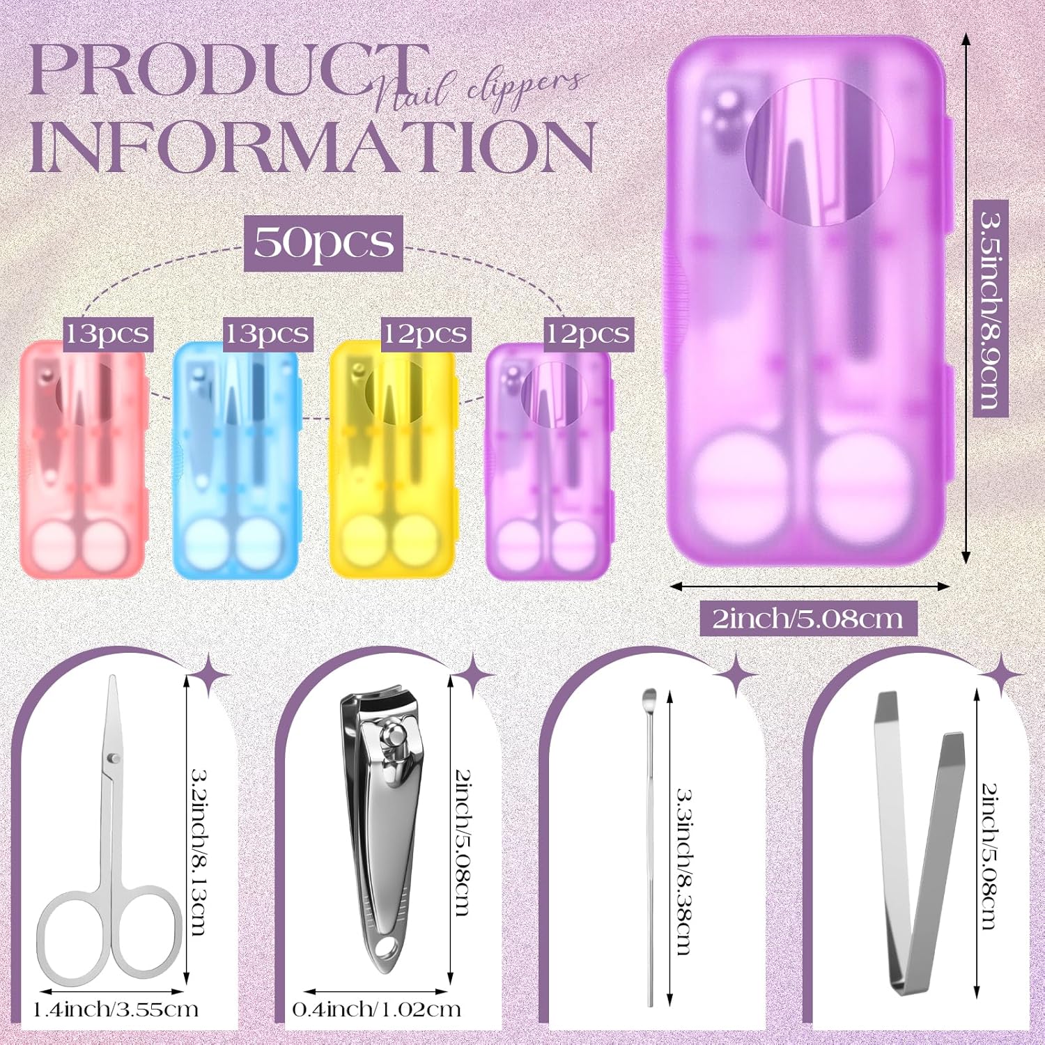 50 Sets Nail Clipper Set 4 in 1 Manicure Kit Bulk Adult Metal Travel Fingernail Manicure Set with Case Individually Wrapped Personal Pedicure Kit Gift for Men Women Hotel(4 Colors)