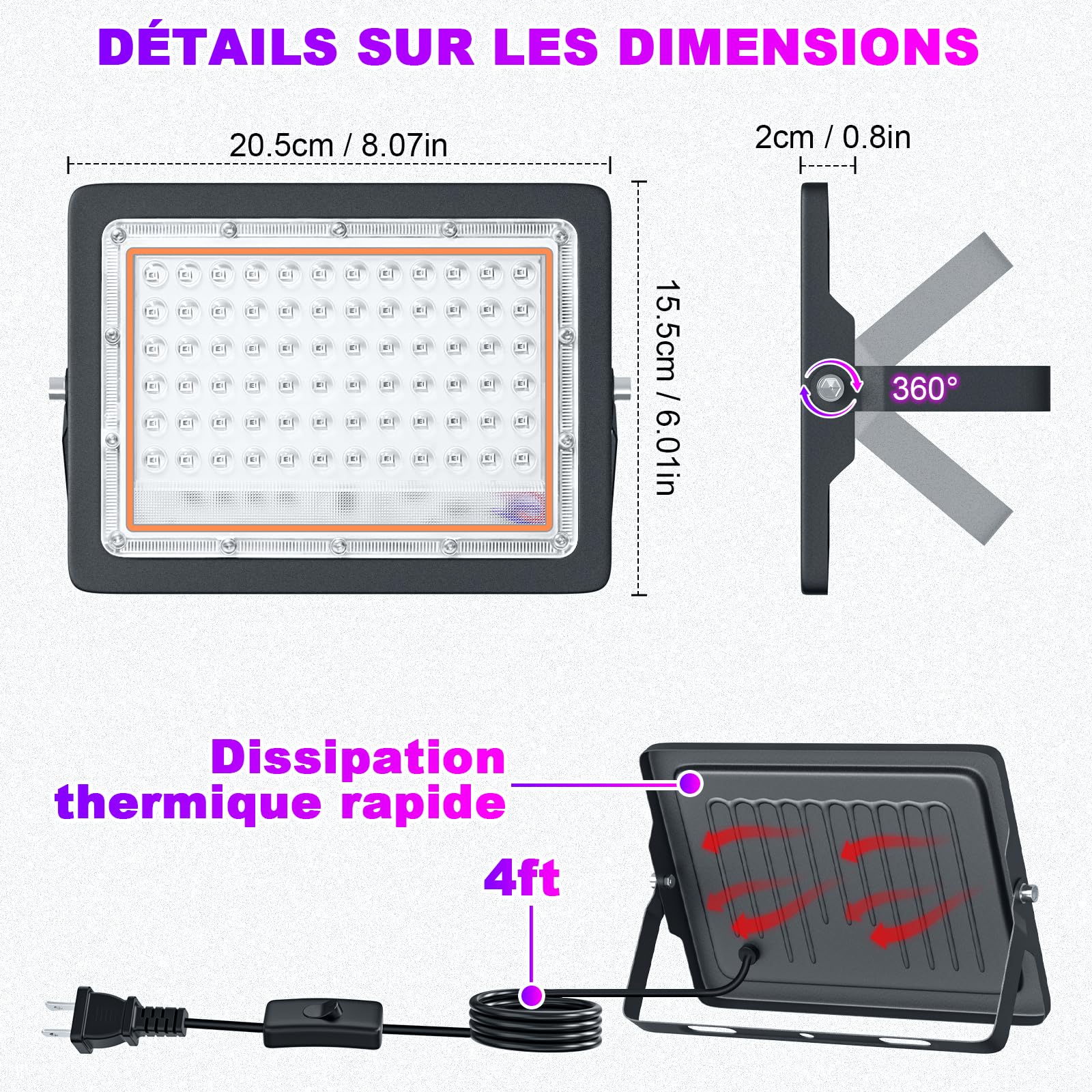 CREATESTAR 50W LED Lumière Noire,Luminaire UV Puissant 400 nm, Etanche IP66 peut être utilisé pour les Soirées à la Lumière Noire, les Affiches Fluorescentes