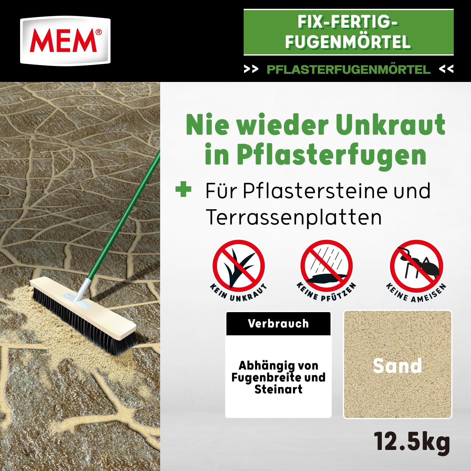 Mortier de jointoiement MEM Fix&Fertig - Sable - Protège contre les fournis, les flaques, les mauvaises herbes - 12,5 kg