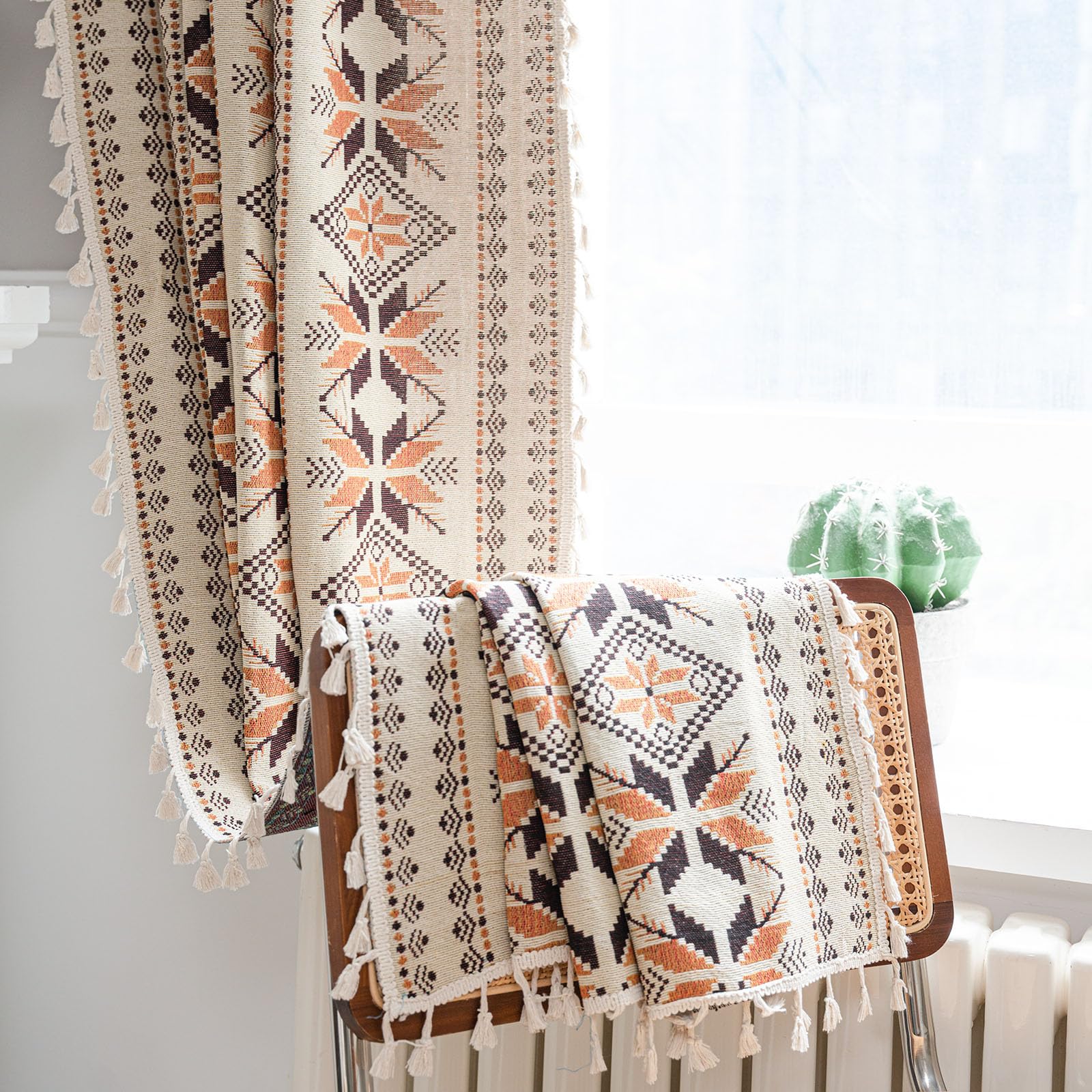 Lot De 2 Rideaux Bohèmes Semi-transparents - Motifs Géométriques - Marron Café - 132x244cm Avec Passe-tringle