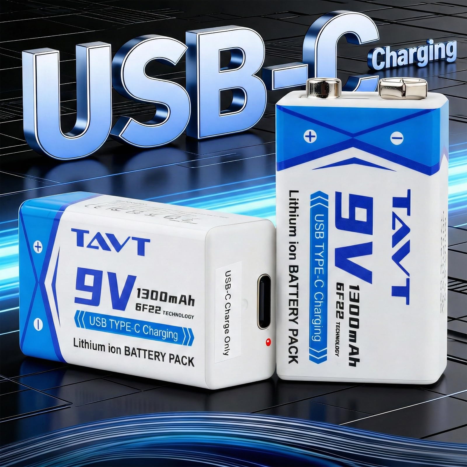 TAVT 2X 9V baterías de 1300mAh con Puerto de Carga USB-C para Juguetes, Detector de Humo, multímetro, walkie-talkies, micrófonos — view 3