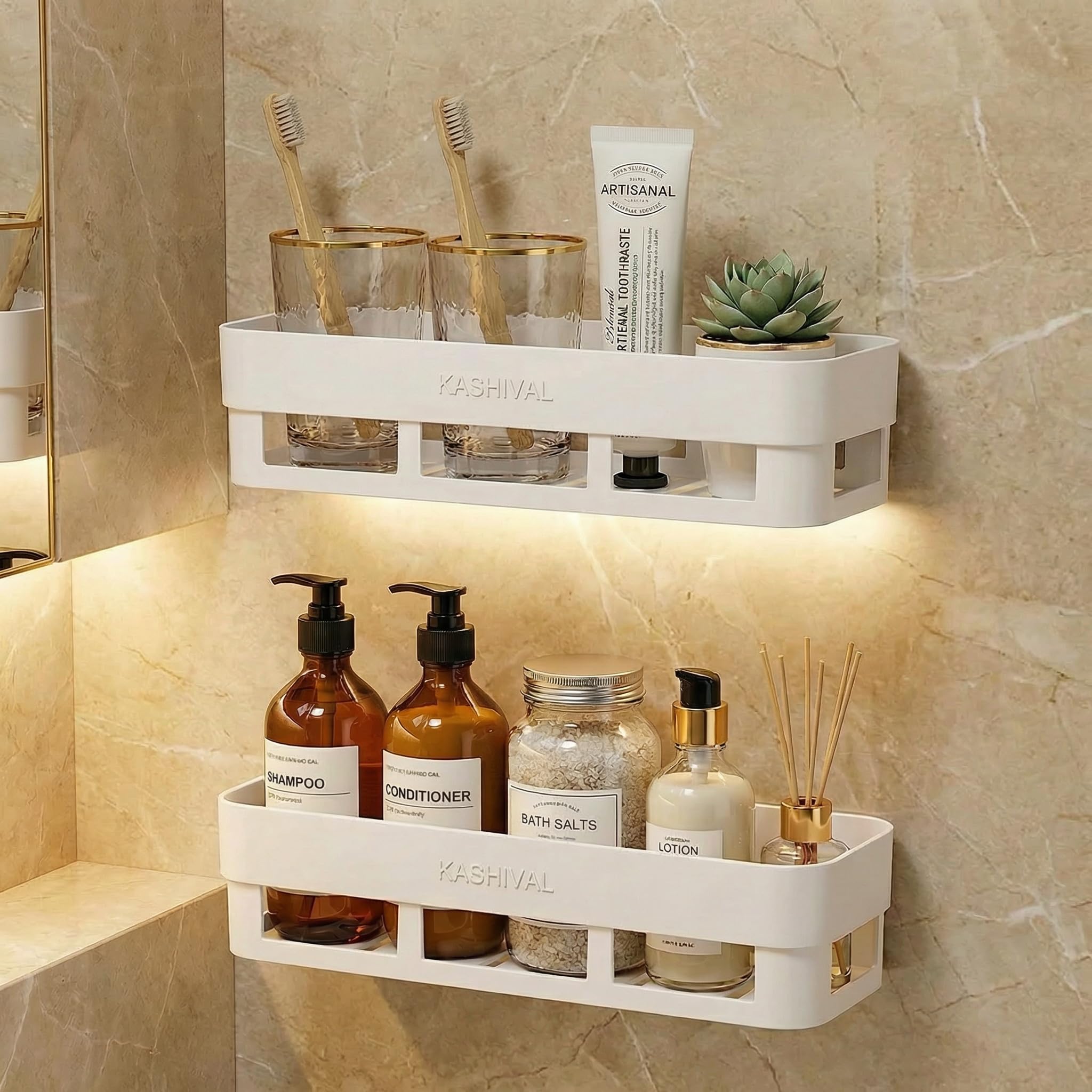 Bathroom Shelf Wall Mount, No Drill Space Aluminum Rack with Hooks for Shampoo Holder, Kitchen Storage Organizer, Multipurpose Rectangular Shelves (ABS Plastic, 2)-image-16