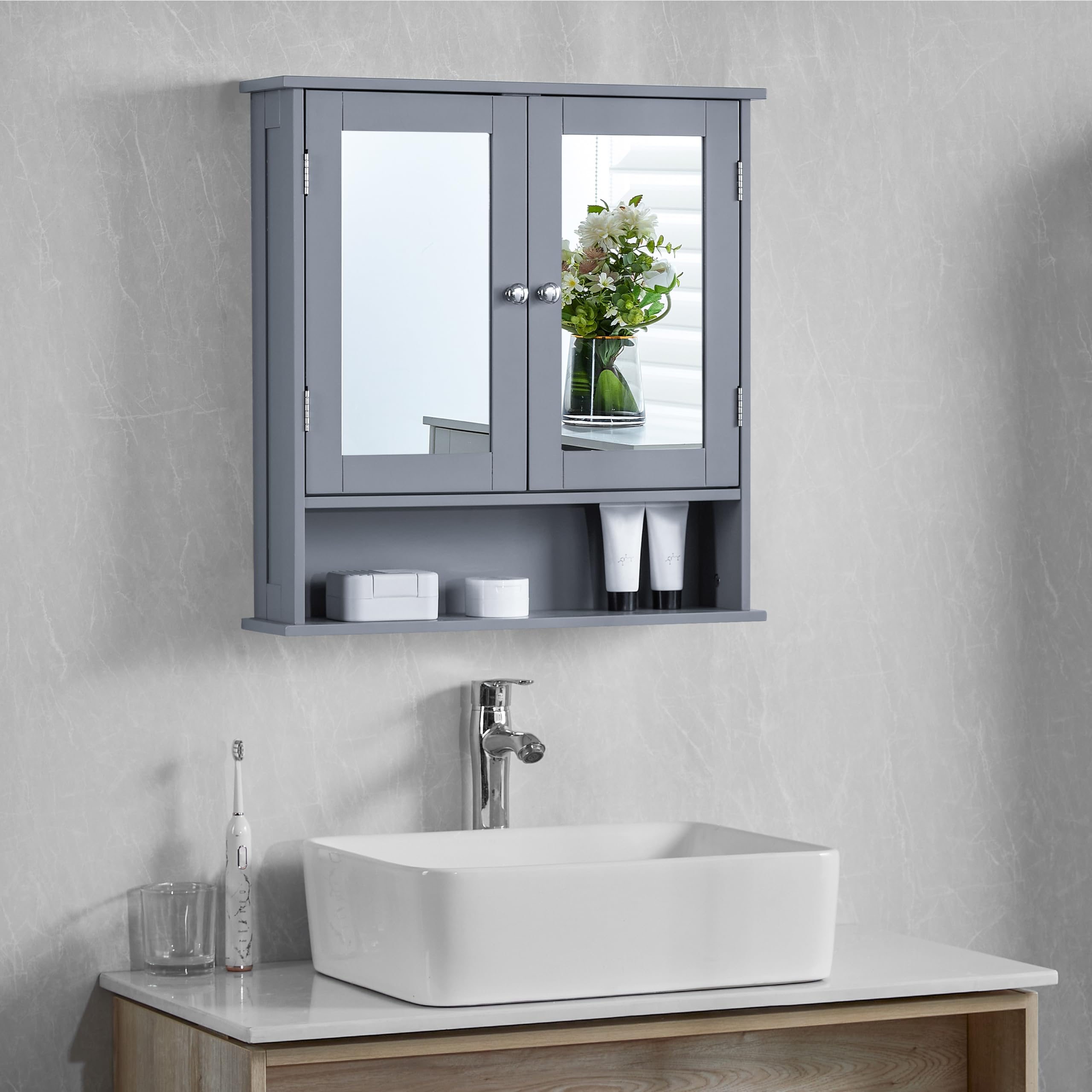 Bath Vida Priano Double Door Bathroom Cabinet, Wood, Grey, Mirrored Wall Mounted Storage Furniture