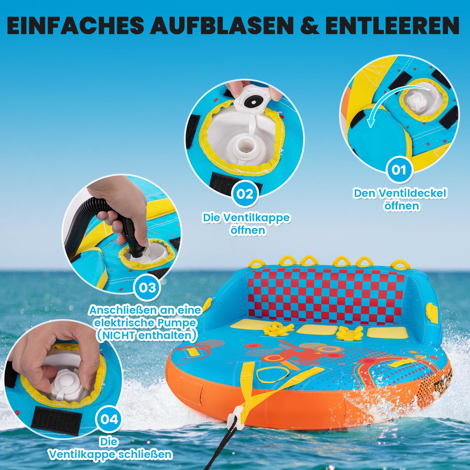 GYMAX aufblasbare Towable-Couch für 2/3 Personen, Wassersport Schlepp-Reifen für Boot & Jet-Ski