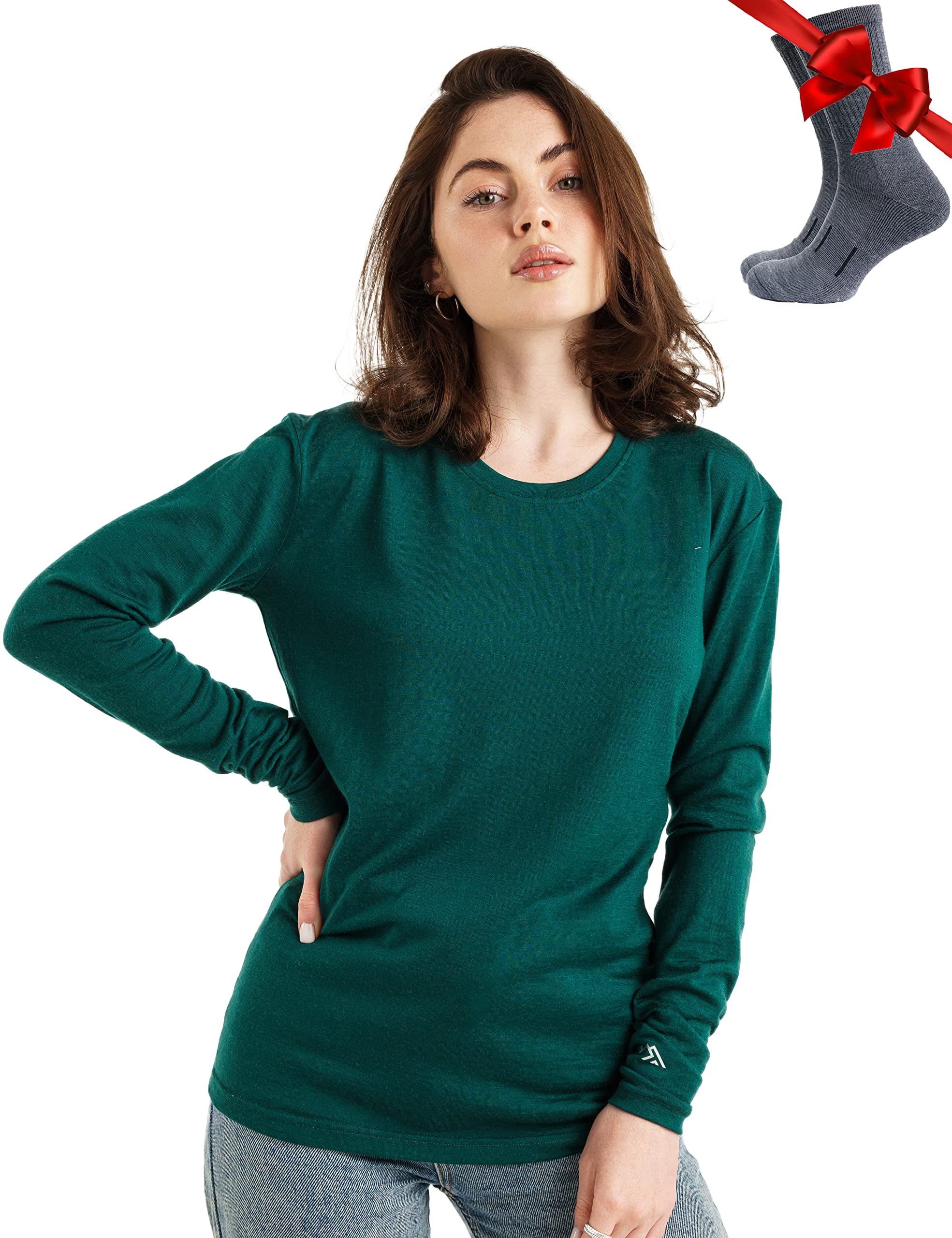 Merino.tech Women's 165 Forest Green Merino Wool Base Layer — 100% Merino Wool Long Sleeve Thermal Shirts Heavyweight, Midweight, Lite + Wool Socks (Large, )