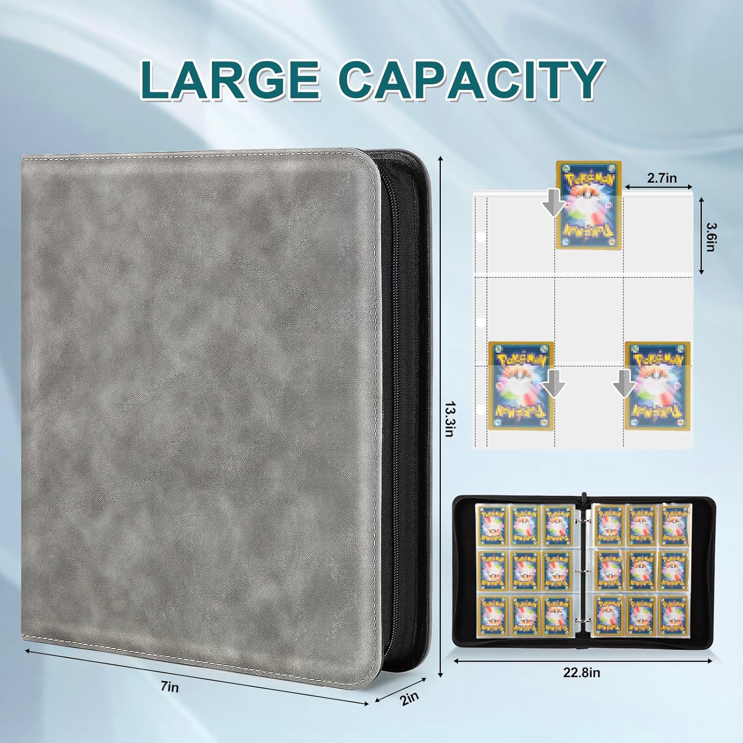 Trading Card Binder,900 Cards Collectible Trading Card Holder Case with 50 Sleeves, 9 Pocket for TCG Game Cards Collection Sports Trading Cards Collector Album (Grey, 900 Pockets)