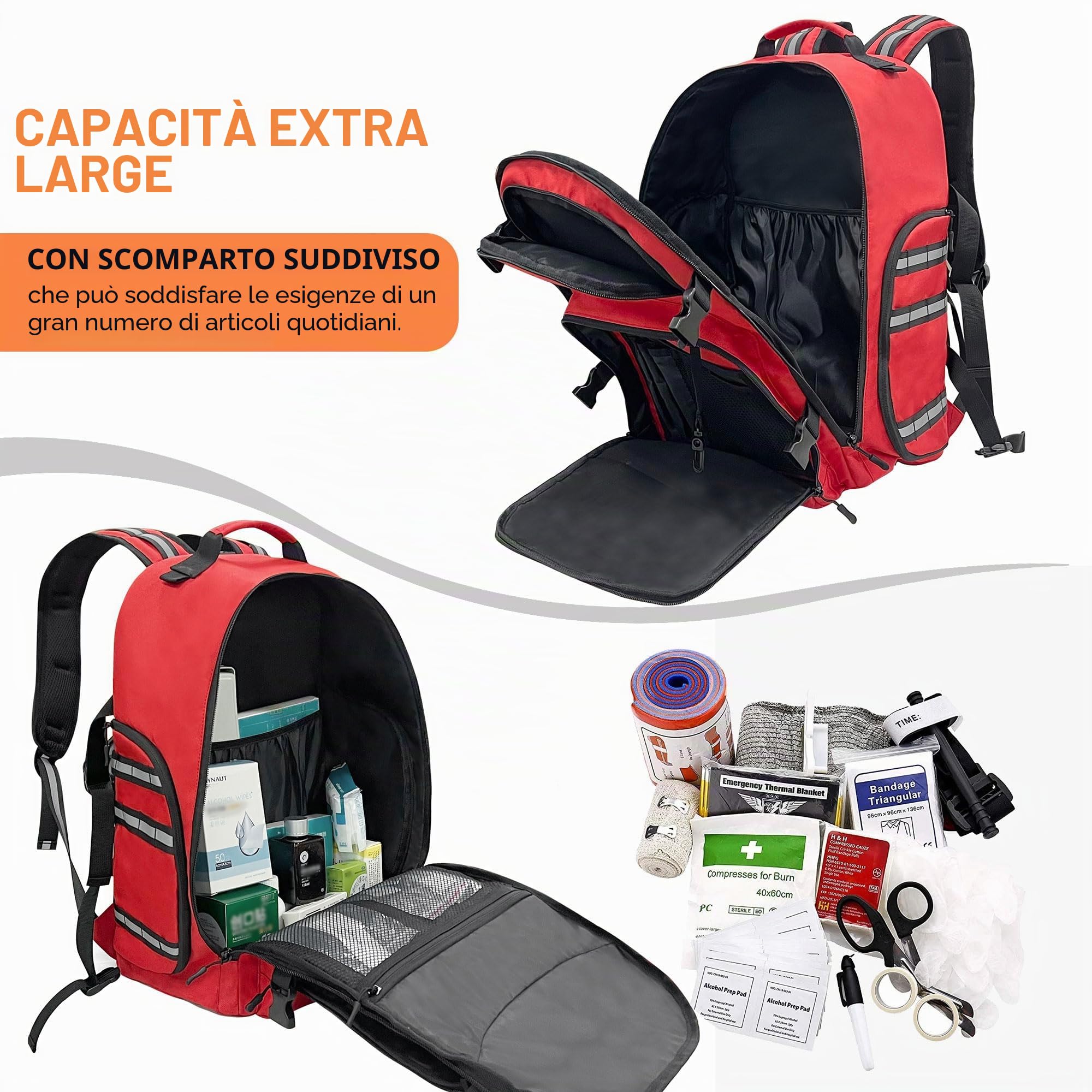 Zaino di pronto soccorso, zaino medico di emergenza vuoto, con striscia riflettente, per campeggio, escursionismo, asilo nido all'aperto, rosso (solo borsa)
