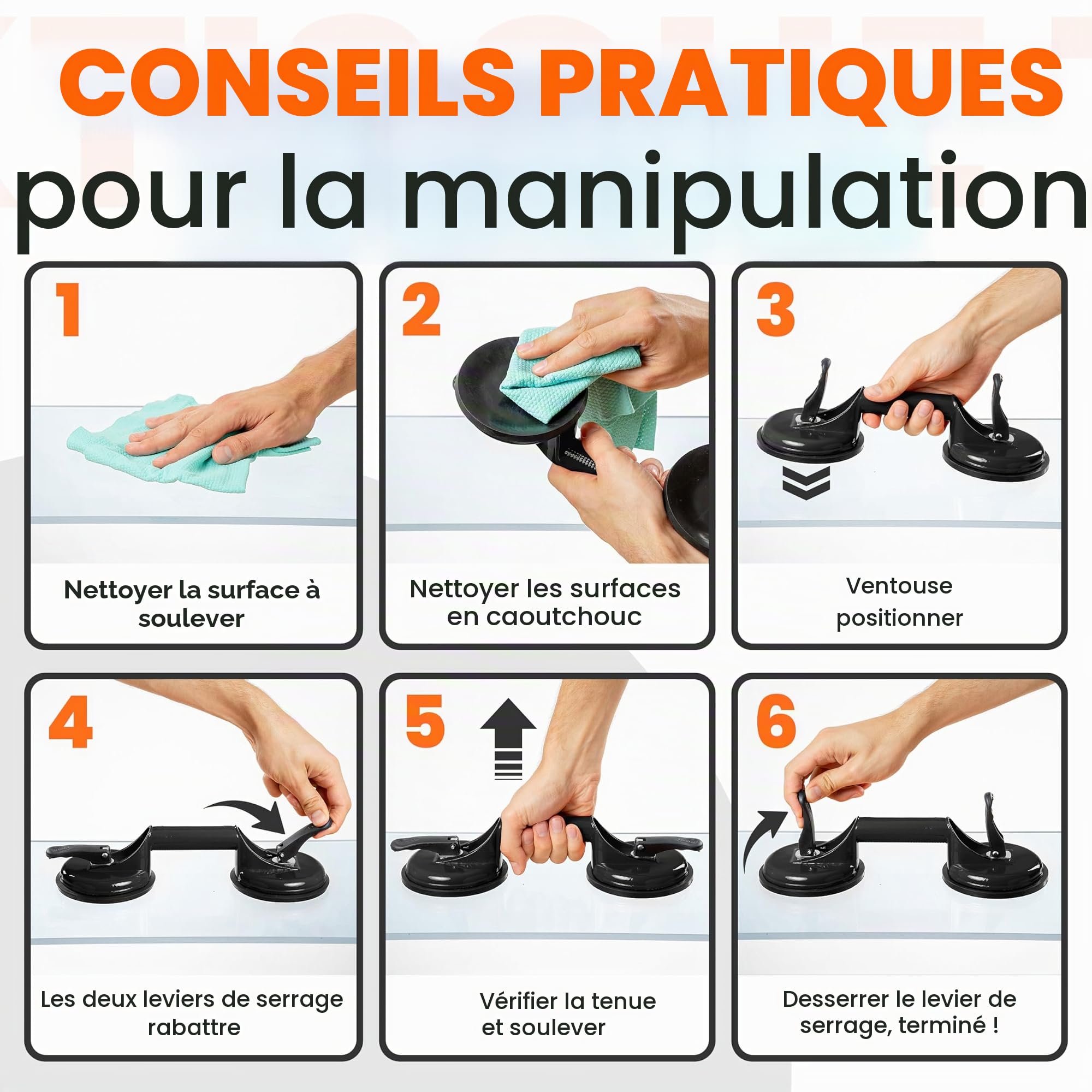 JK Trade® Lot de 2 ventouses avec poignée de transport | Lève-vide antidérapant avec poignée de maintien jusqu'à 120 kg | Outil de levage à ventouse comme aide au transport pour vitres, carreaux,