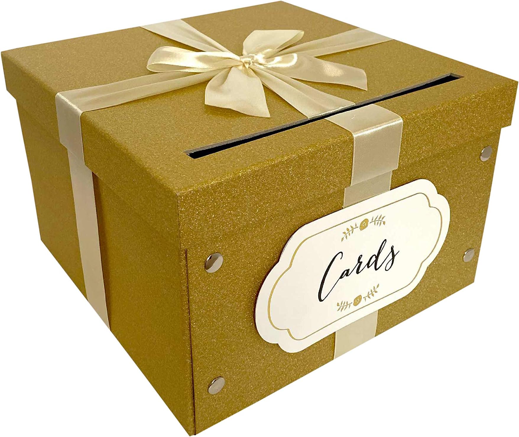 Everenty Gold Gift Card Box, with Satin Ribbon | Large 11x11x7in | Strong & Durable | Perfect for Weddings, Baby Showers, Birthdays, Bridal Showers, Graduations & More
