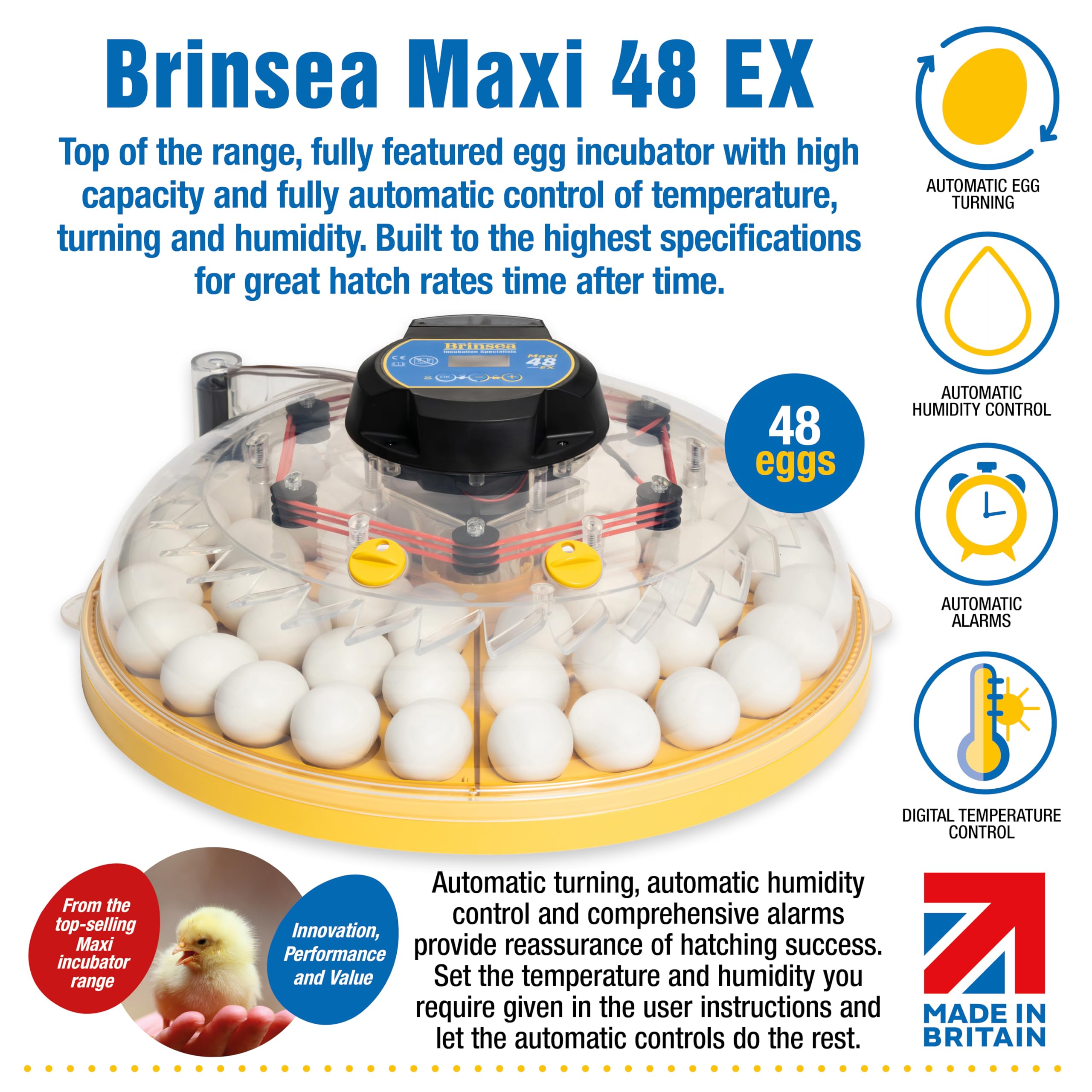 Brinsea Maxi 48 EX 48 - Incubadora de huevos fabricada en Reino Unido, calidad premium, giro totalmente automático y control de humedad automático integral, incluye alarmas digitales y enfriamiento de