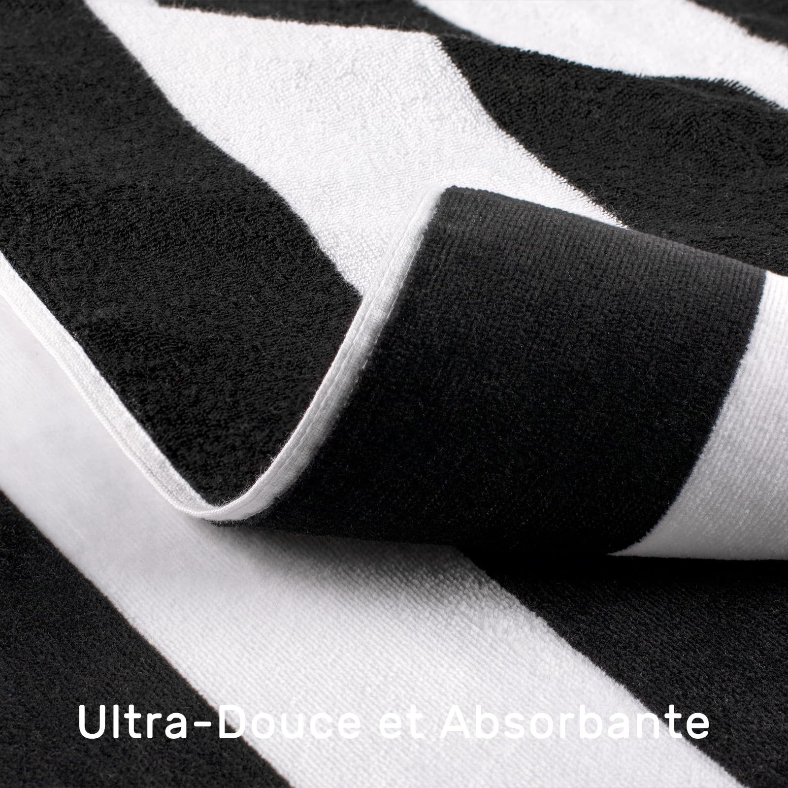 Serviette de plage surdimensionnée en coton – 89,9 x 178,8 cm – Grande serviette de piscine à rayures douce (noir)