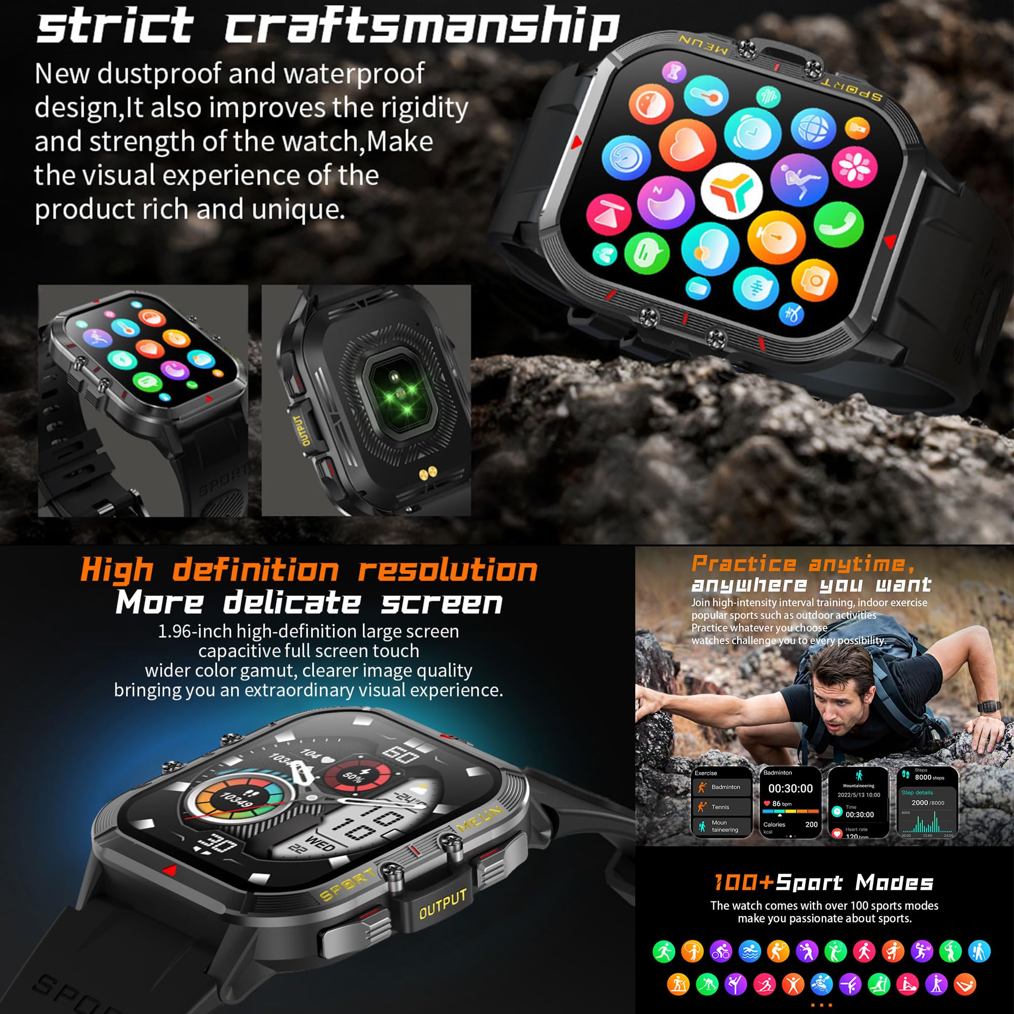 Montre Connectée Homme avec Appel Bluetooth 5.1/Numérotation, 1,96" Smartwatch Compatible Samsung Huawei Xiaomi Android iOS Podometre GPS Partagé Montre 123 Mode Sports Cardiofrequencemetre (Noir)