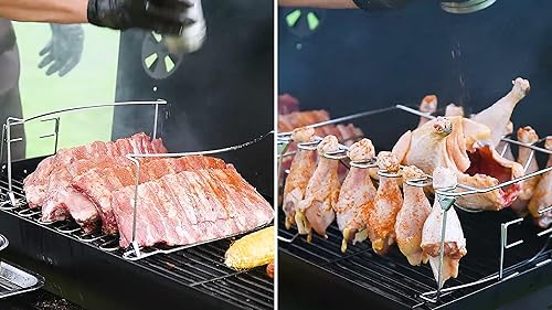 Miniatura 7 de Estante para costillas 3 en 1 para ahumar y patas de pollo para parrilla, capacidad para 6 costillas grandes, 12 alas de pata de pollo, 1 pollo