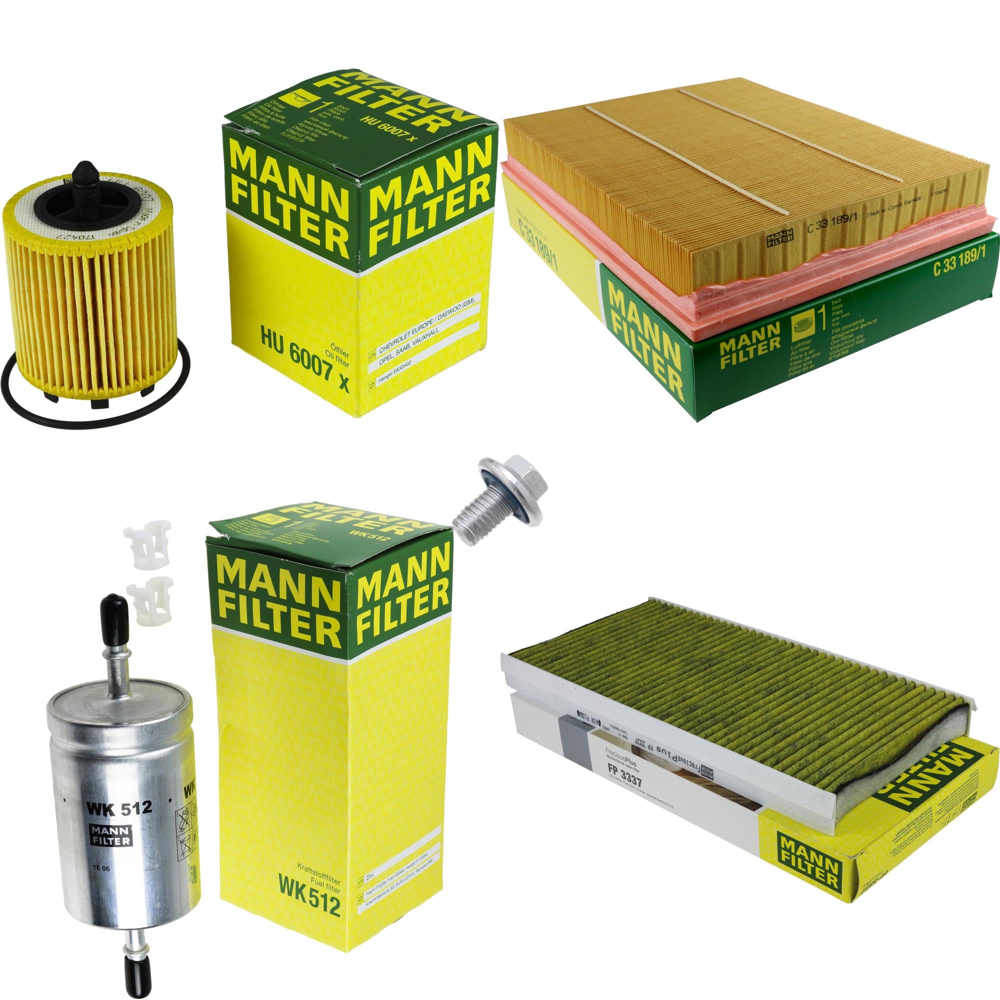 Paquete de inspección Kit de mantenimiento de filtros con filtro de aceite HU 6007 x, filtro de aire C 33 189/1, filtro de combustible WK 512, filtro de habitáculo FP 3337, tornillo de