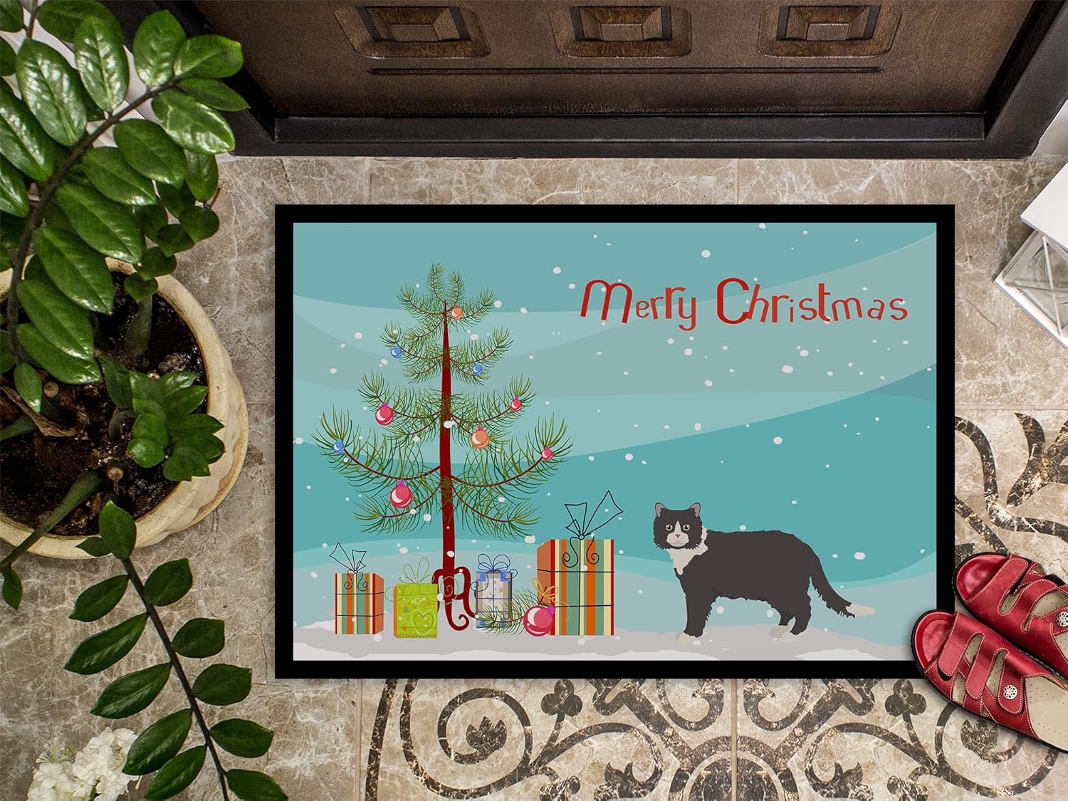 Caroline's Treasures CK4687MAT Poodle Cat #1 Cat Merry Christmas Doormat 18x27 Front Door Mat Indoor Outdoor Rugs for Entryway, Non Slip Washable Low Pile, 18H X 27W