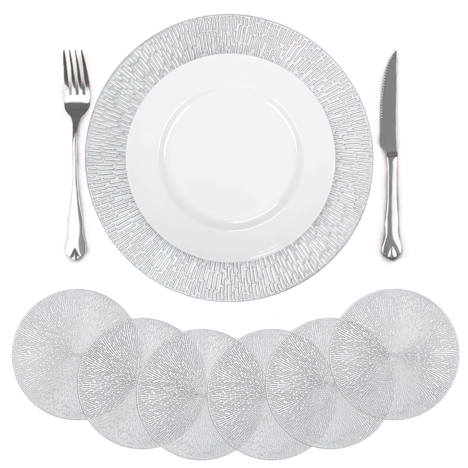 comfoyar Round Sliver Placemats Set of 6, 38cm Washable Wipeable Vinyl Metallic Pressed Hollow out Firework Shape Place Mats, Waterproof Oil Proof Table Mats for Kitchen Dining Party Table Decoration