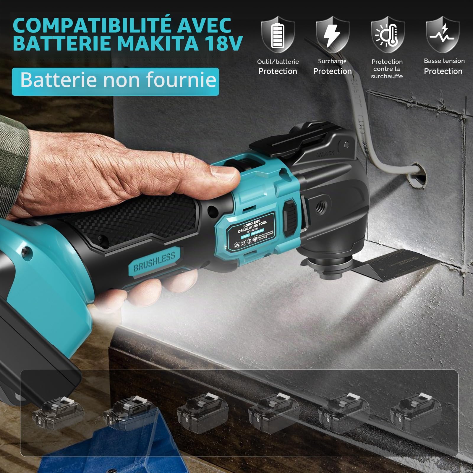 Ecarke Outil Multifonction Sans Fil Compatible avec Batterie Ma-kita 18V Li-Ion, 6 Vitesses Réglables, Moteur Sans Balais pour Enlever, Racler, Couper avec 23 Accessoires(Outils Uniquement)-Bleu