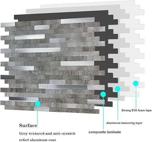 Miniatura 4 de YMMXGE Azulejo de 5 hojas para salpicaduras de despegar y pegar, metal de piedra de mármol, azulejos de mosaico de aluminio mezclado de PVC para