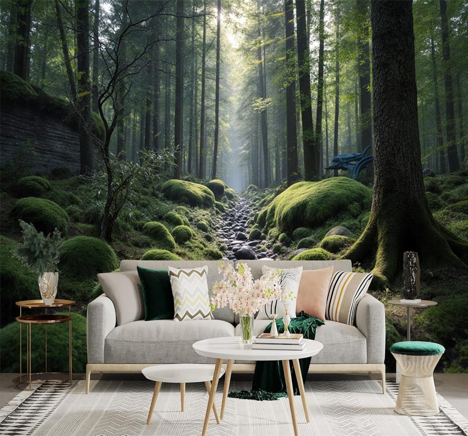 XLMING Sunlight Moss Forest Green Trees A Path 3D Wallpaper Premium Textured Silk Study Dining Living Room Bedroom Sofa TV Wall Easy Install-430cm×300cm