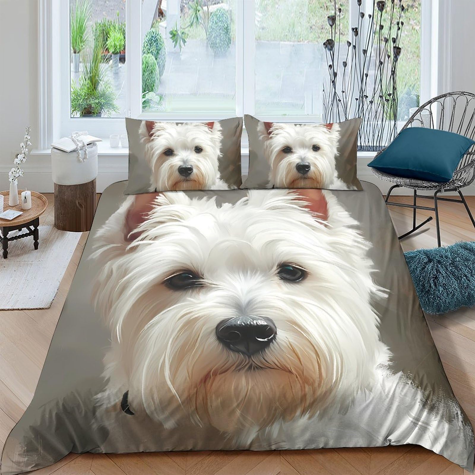 GPLZQXKJNH 3D Printed Westie Dog Duvet Cover Microfiber Soft Breathable White Terrier Bedding Set with 2 Pillowcases for Bedroom Decor Single（135x200cm）