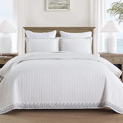 Miniatura 19 de MarCielo Juego de ropa de cama de 3 piezas, 100 % algodón, juego de colcha de gran tamaño, ligero y bordado, estilo rústico (TX blanco brillante, Tf