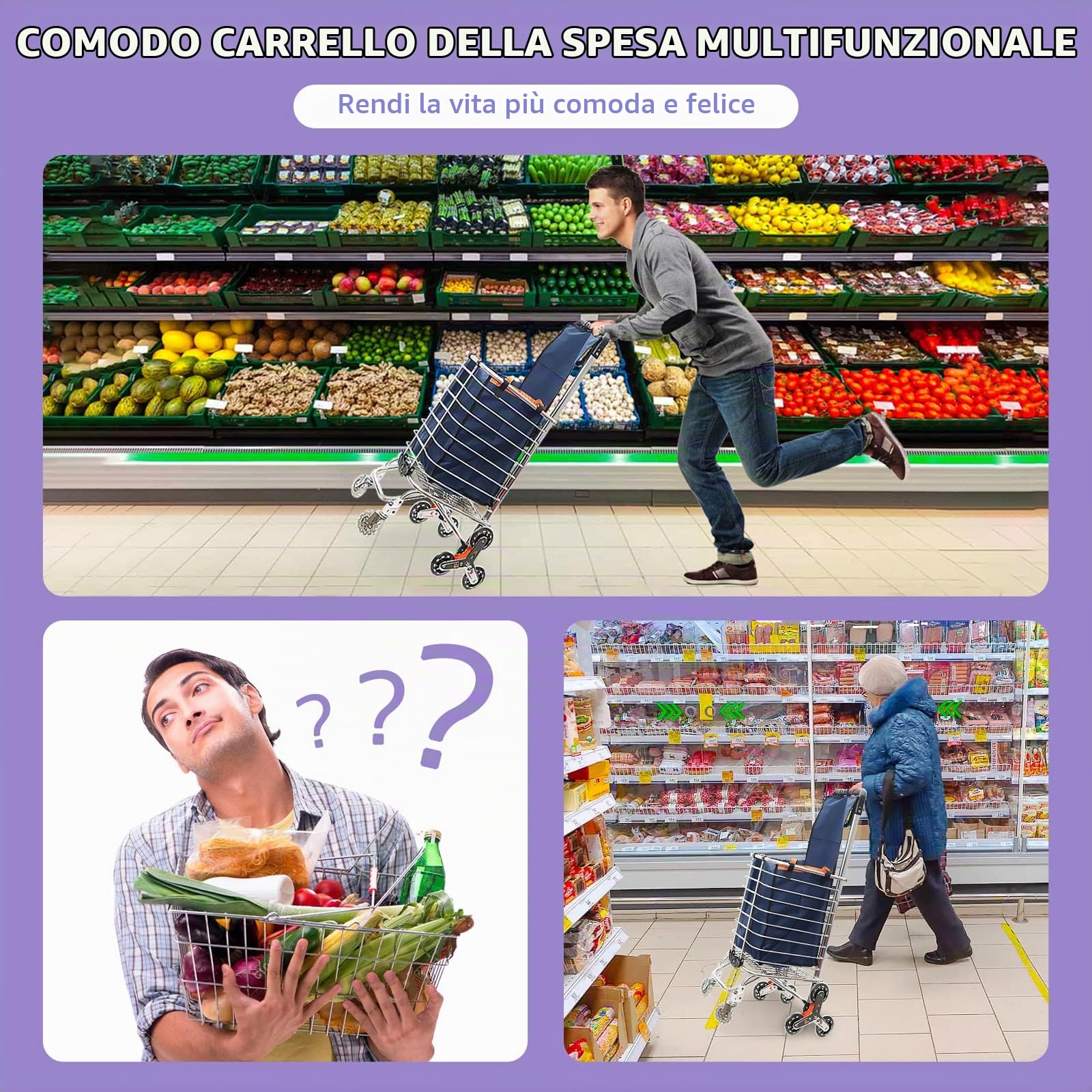 Carrello Spesa a 8 Ruote Con Braccioli-Trolley Della Spesa Con Borsa Impermeabile Removibile Montascale In Struttura In Lega Di Alluminio (30 X 45 X 106 Cm) Blu Navy