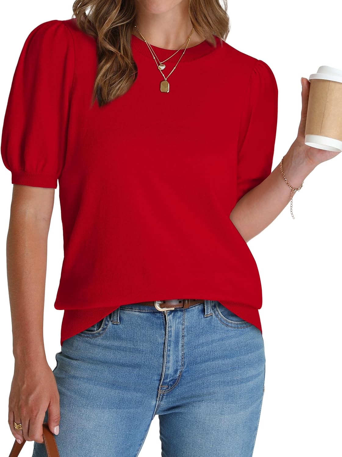 WIHOLL Women’s Puff Short Sleeve Sweater 2025 Spring Summer Tops Trendy Business Casual Outfits Work Blouses Clothes