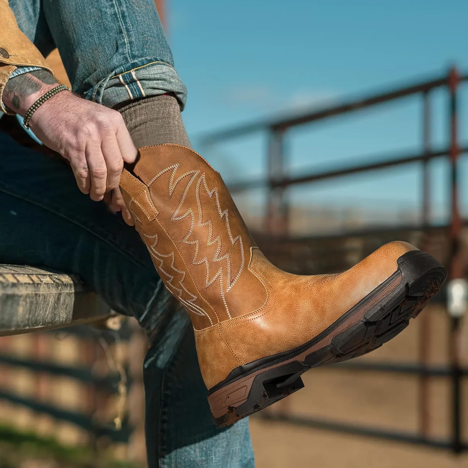 ANGRYRAM Cowboy Work Boots for Men Square Toe Leather Western Boot Slip Resistant Indestructable Steel Toe Safety Boots for Men Work-Man Pro Series - Image 2