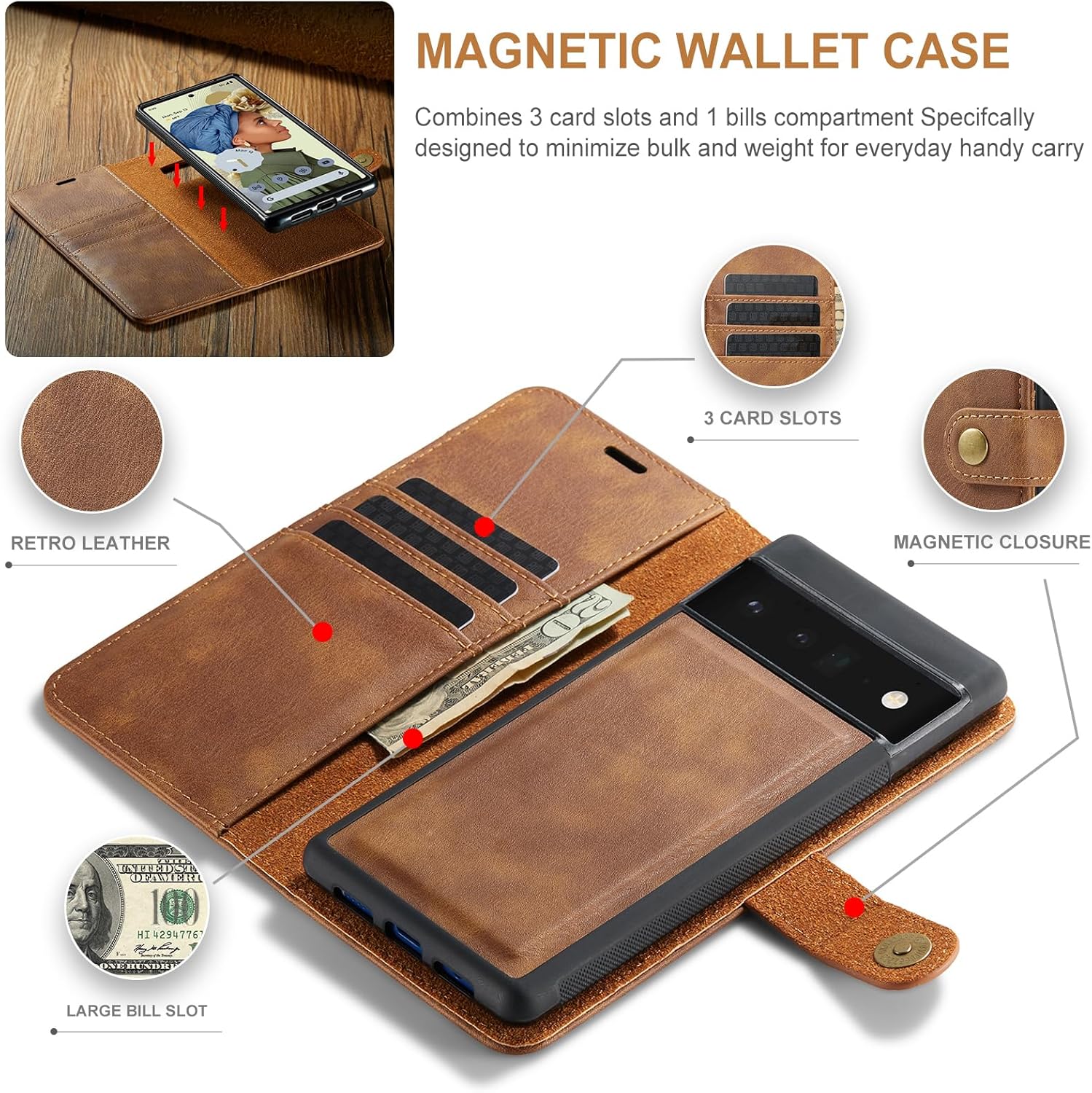 Asuwish Phone Case for Google Pixel 6 Pro Wallet Magnetic Detachable Cell Cover with Tempered Glass Screen Protector Flip Card Holder Slot Pixel6Pro Pixel6 XL 6XL Pixle 6Pro 5G Women Men Girls Brown
