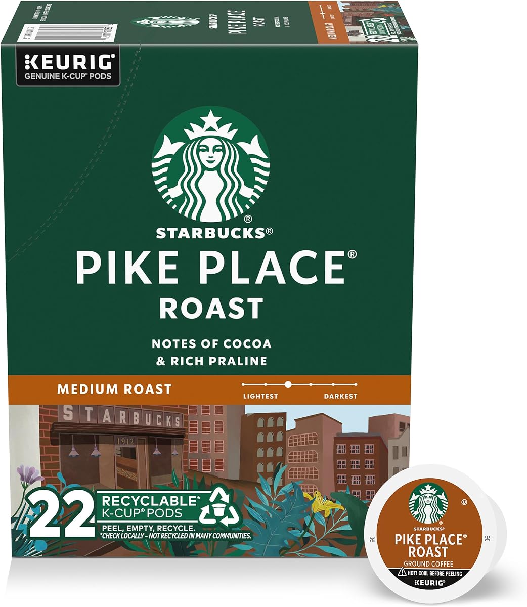 Starbucks K-Cup Coffee Pods, Pike Place Roast, 22 Count | 100% Arabica K-Cup pods for Keurig brewers; Pike Place Roast medium roast; 1 box, 22 pods