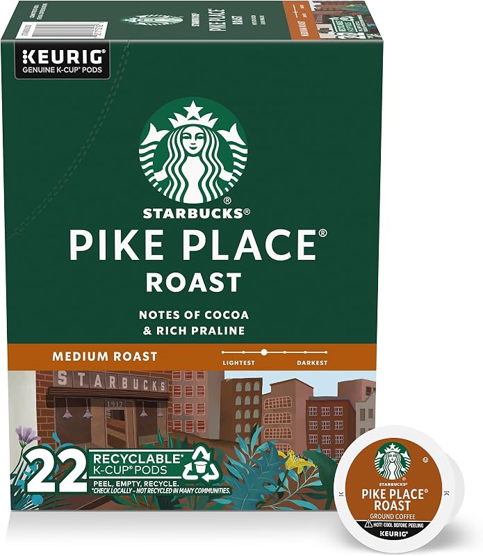 Starbucks K-Cup Coffee Pods, Pike Place Roast, 22 Count | 100% Arabica K-Cup pods for Keurig brewers; Pike Place Roast medium roast; 1 box, 22 pods