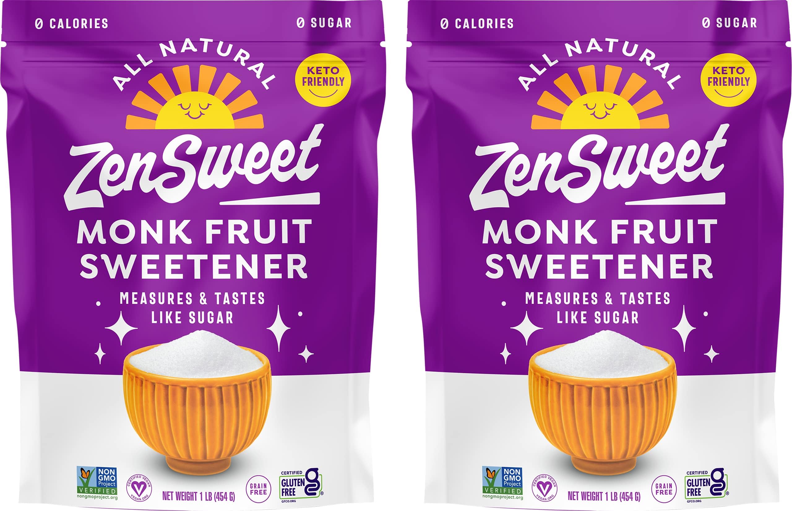 ZenSweet Monk Fruit Sweetener - 1:1 Sugar Substitute - 1lb, 2 Packs - Zero Calorie, Zero Glycemic Index - Grain-Free and Gluten-Free, Non-GMO, Vegan, and Keto Sweetener - For Cooking and Baking