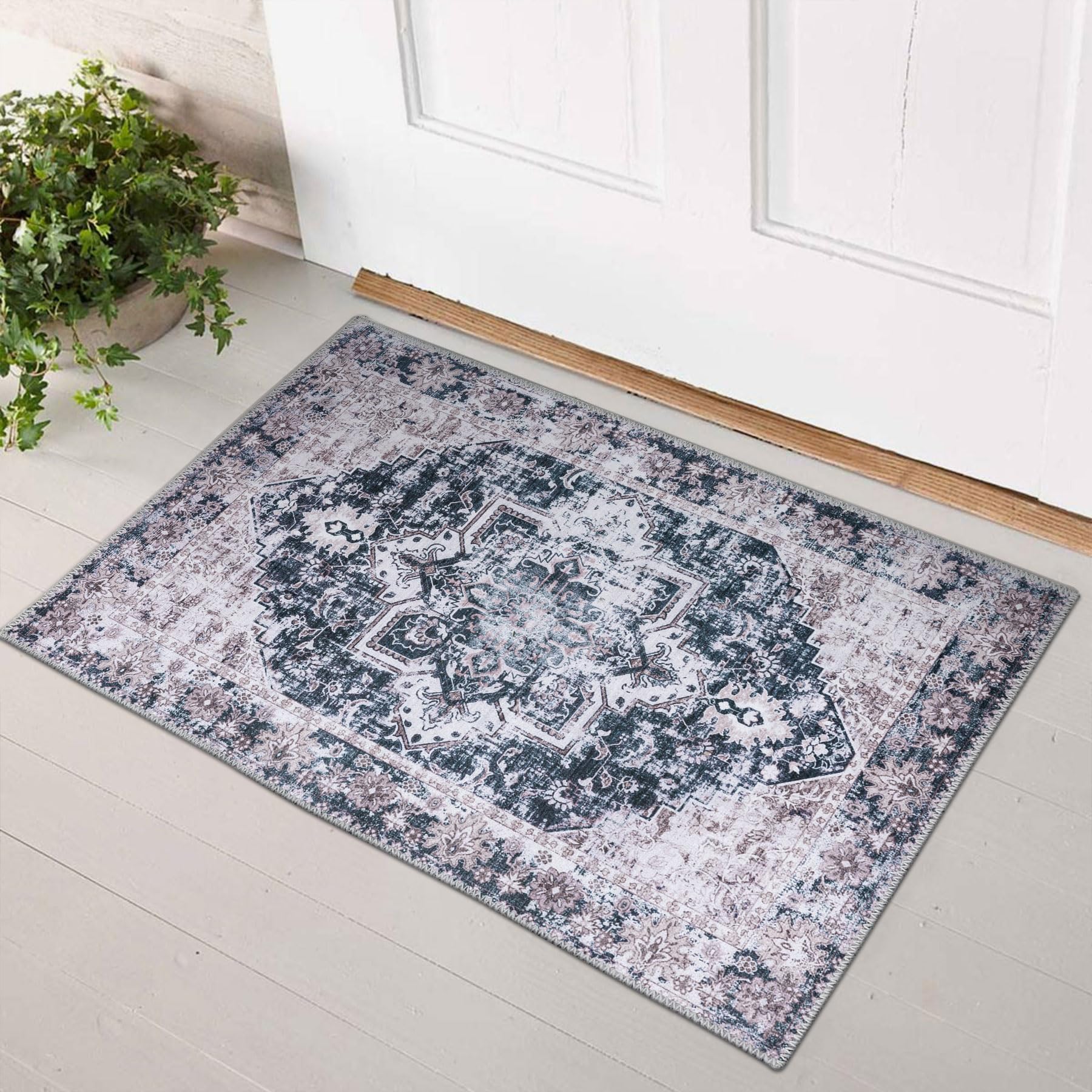 Taleta KALINA Washable Door Mats Indoor Small Rug Purple Non-slip Doormats for Entryway Soft Entrance Rug Thin Door Mat Inside Vintage Short Pile Floor Mats for Hallway Bedroom (Purple, 50 x 80 cm)