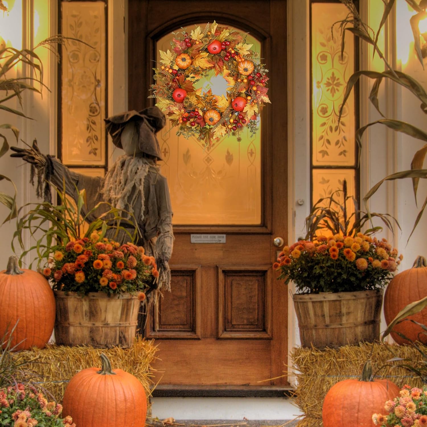 24 Inch Thanksgiving Fall Wreath, Autumn Wreath for Front Door with Maple Leaves, Oak Leaves, Pumpkins Berries, for Home Outside/Indoor Wall Window Festival Decor Halloween Wreaths