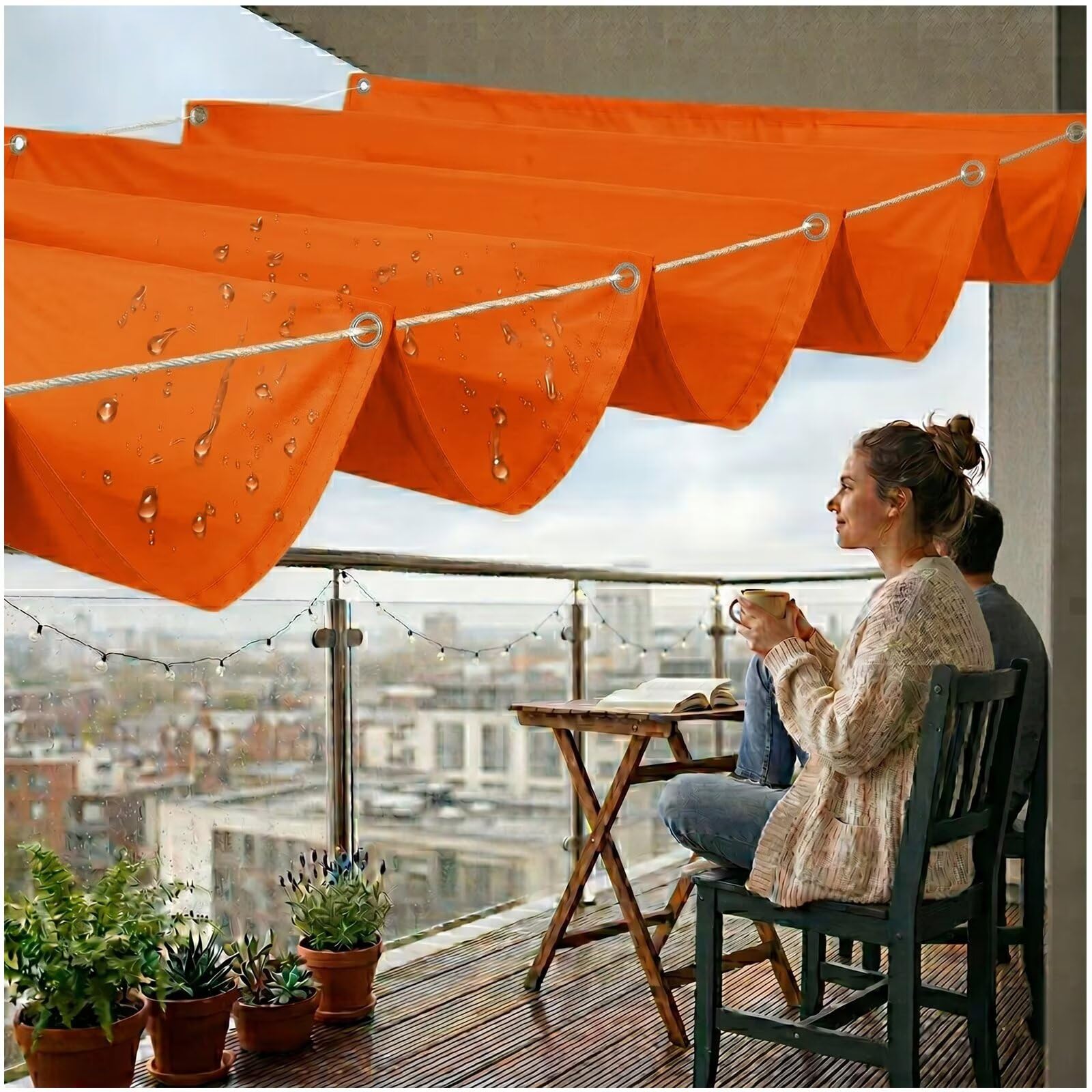Seilspannmarkise Komplettset Wasserdicht,Wellen Sonnensegel für Terrassenüberdachung und Pergola,Sonnenschutz mit Ösen und Seil,200x600 cm Orange