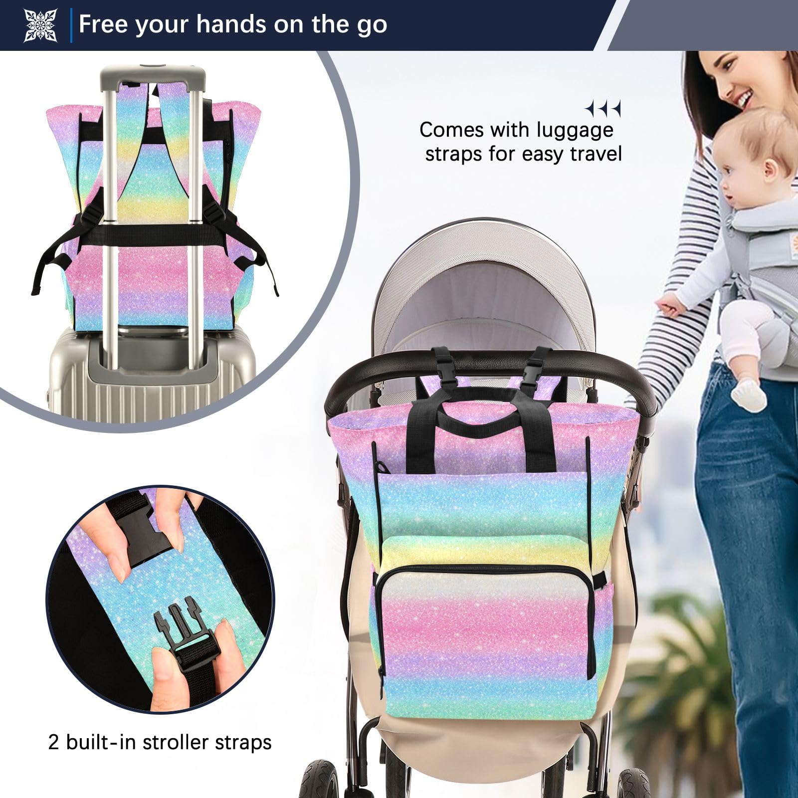 Mnsruu Mochila para pañales de bebé de colores arcoíris, bolsa grande, impermeable, bolsas de pañales de viaje para mamás y papás