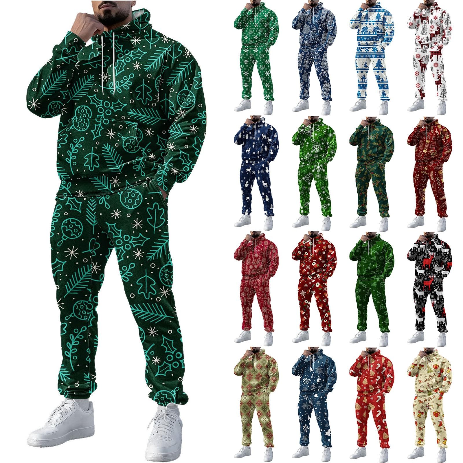 Tuta natalizia da uomo, 2 pezzi, con divertente renna e albero di Natale, oversize, a maniche lunghe, con cappuccio e pantaloni della tuta, set da jogging, abbigliamento sportivo per vacanze, costumi