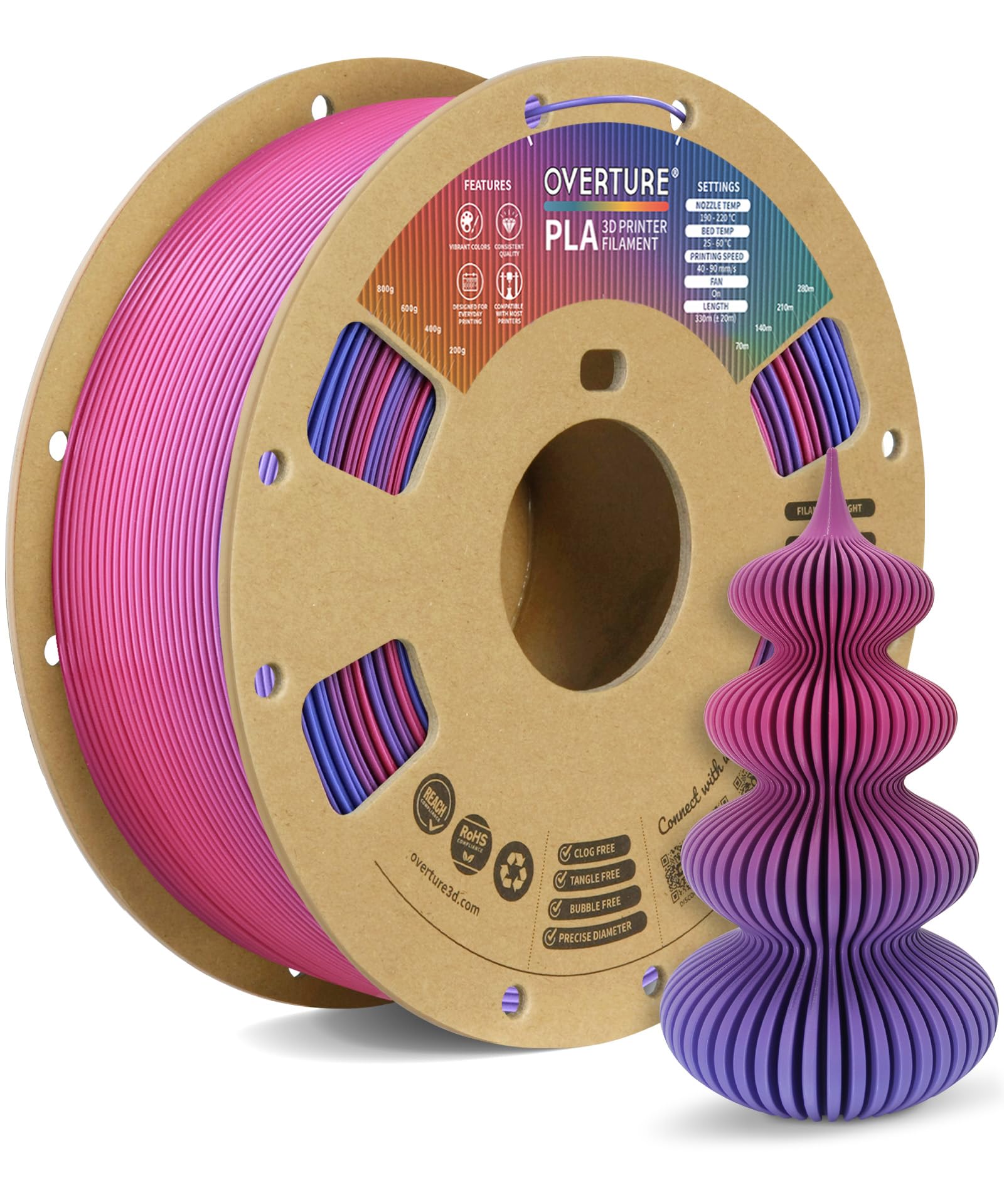 OVERTURE Filamento PLA 1.75mm - Bobina 1kg (2,2lbs) Precisione ±0.02mm, in Cartone Riciclato | Compatibile Stampanti 3D FDM (Aurora Berry)