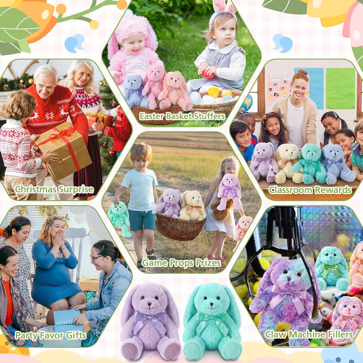 Civaner 12 Pcs Bunny Stuffed Animals Bulk 12.6 Inch Easter Plush Rabbit with Tie Colorful Bunny Plush Toys for Easter Basket Stuffers Valentines Birthday Gifts Baby Shower Wedding(Pastel Color)