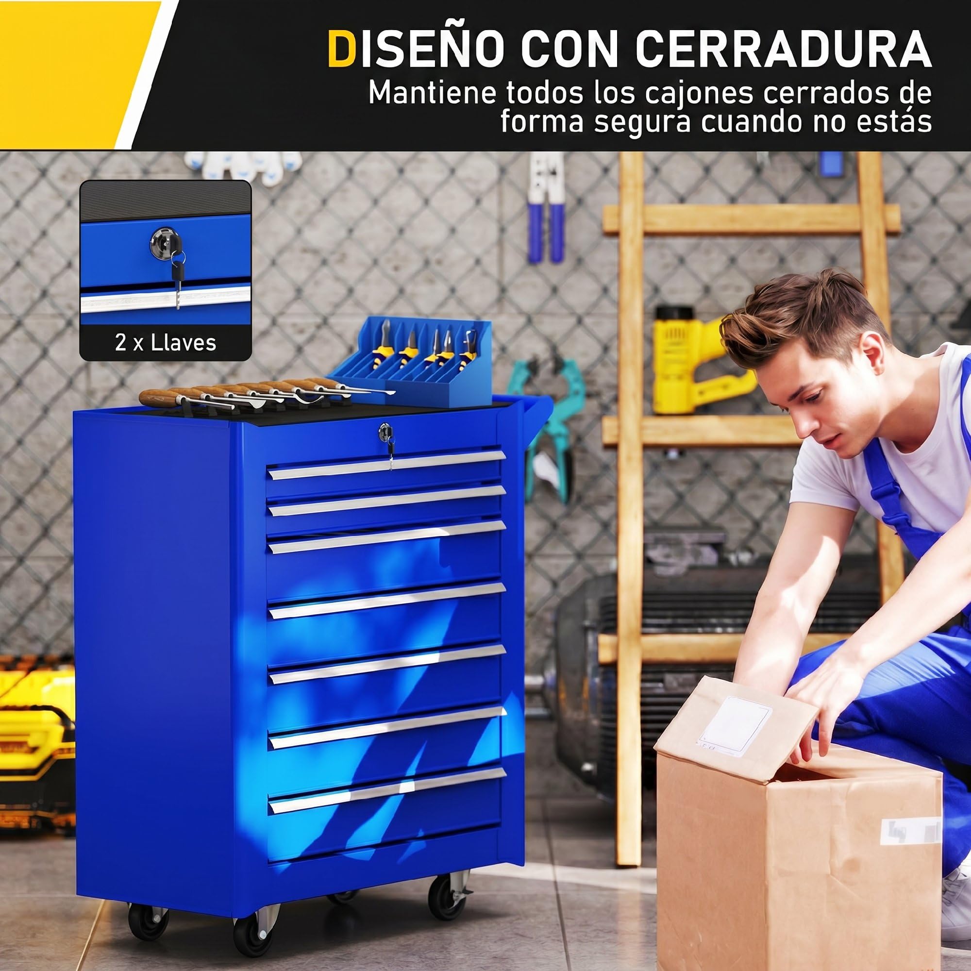 DURHAND Carro de Herramientas con 7 Cajones, Carro de Taller con Cerradura, Asa, 2 Ruedas con Freno de Bloqueo, para Garaje, Hogar, Azul