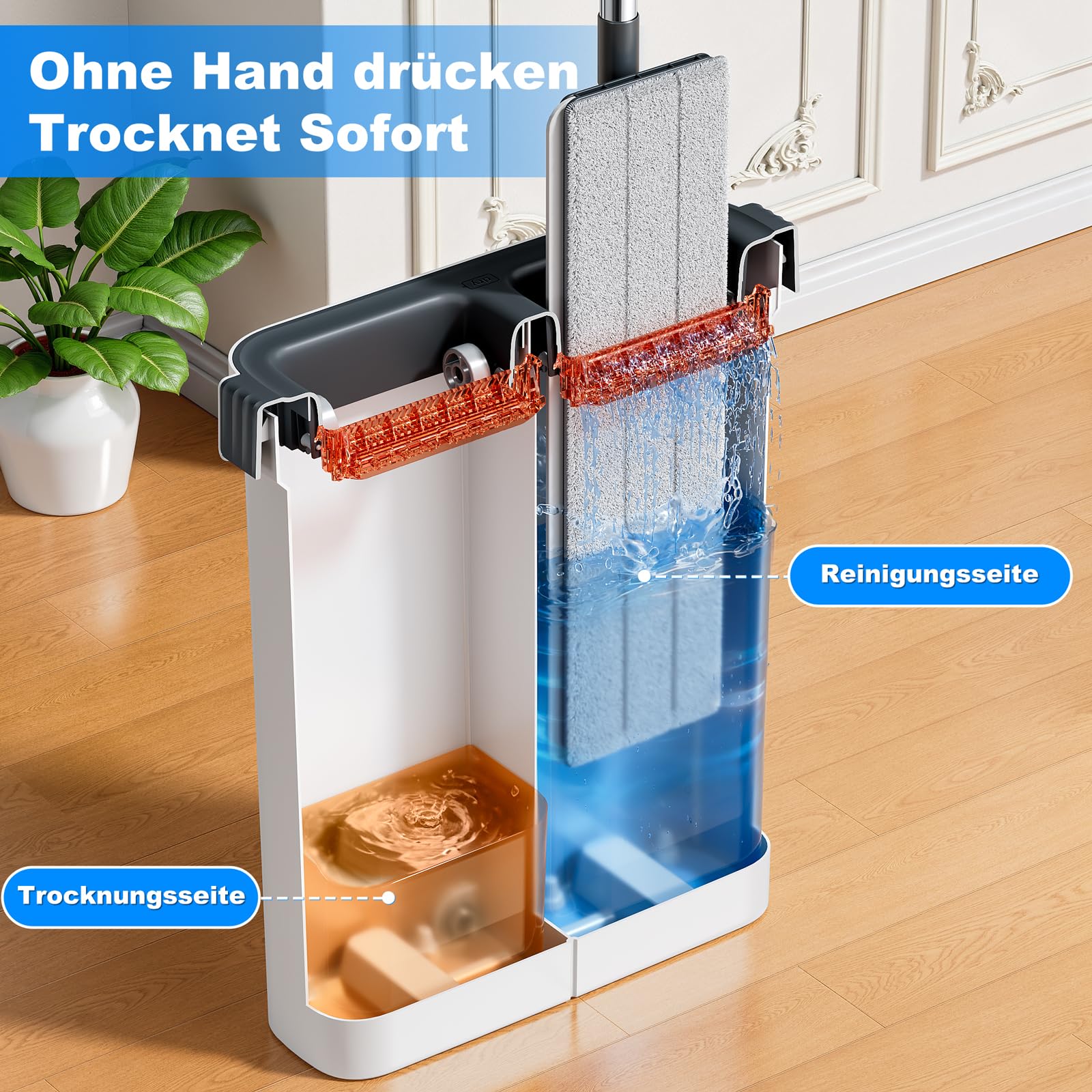 CTIME Bodenwischer-Set – Mit Eimer, 4 Mikrofaser-Pads, Auswringfunktion, 360°-Kopf Für Laminat & Fliesen