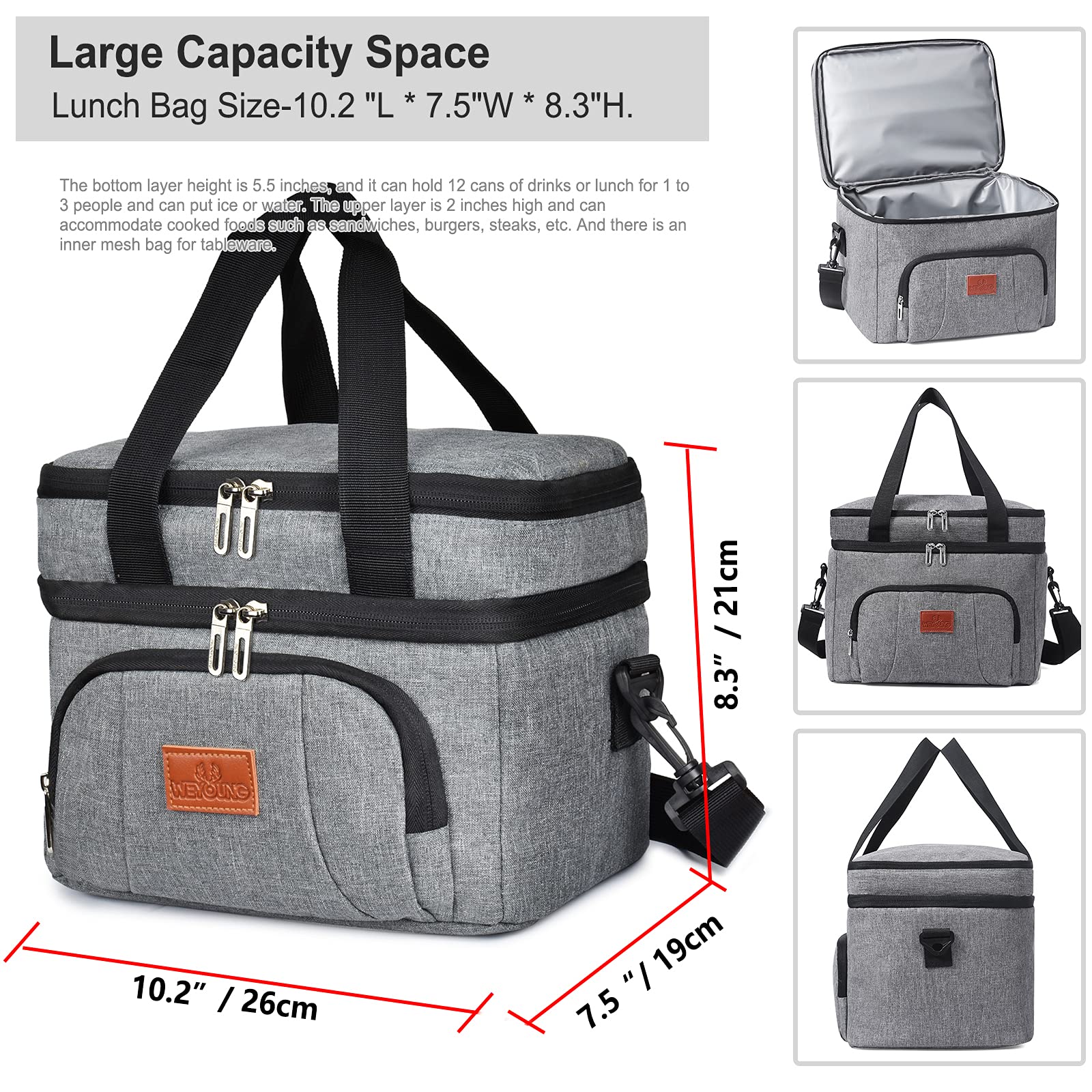 Isolierte Lunch-Tasche Mit Fronttasche – 29x17x23 Cm, Grau, Auslaufsicher, Für Arbeit, Schule, Picknick