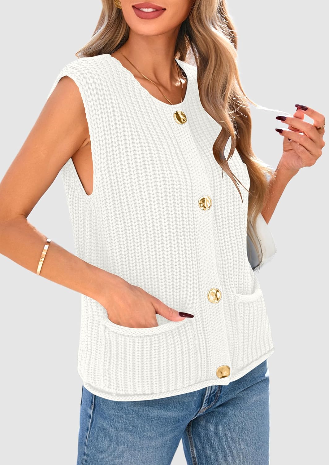 PRETTYGARDEN Women's Summer Sweaters Vest 2025 Sleeveless Button Down Cropped Pockets Chunky Knit Cardigan Trendy Tank Tops - Image 6